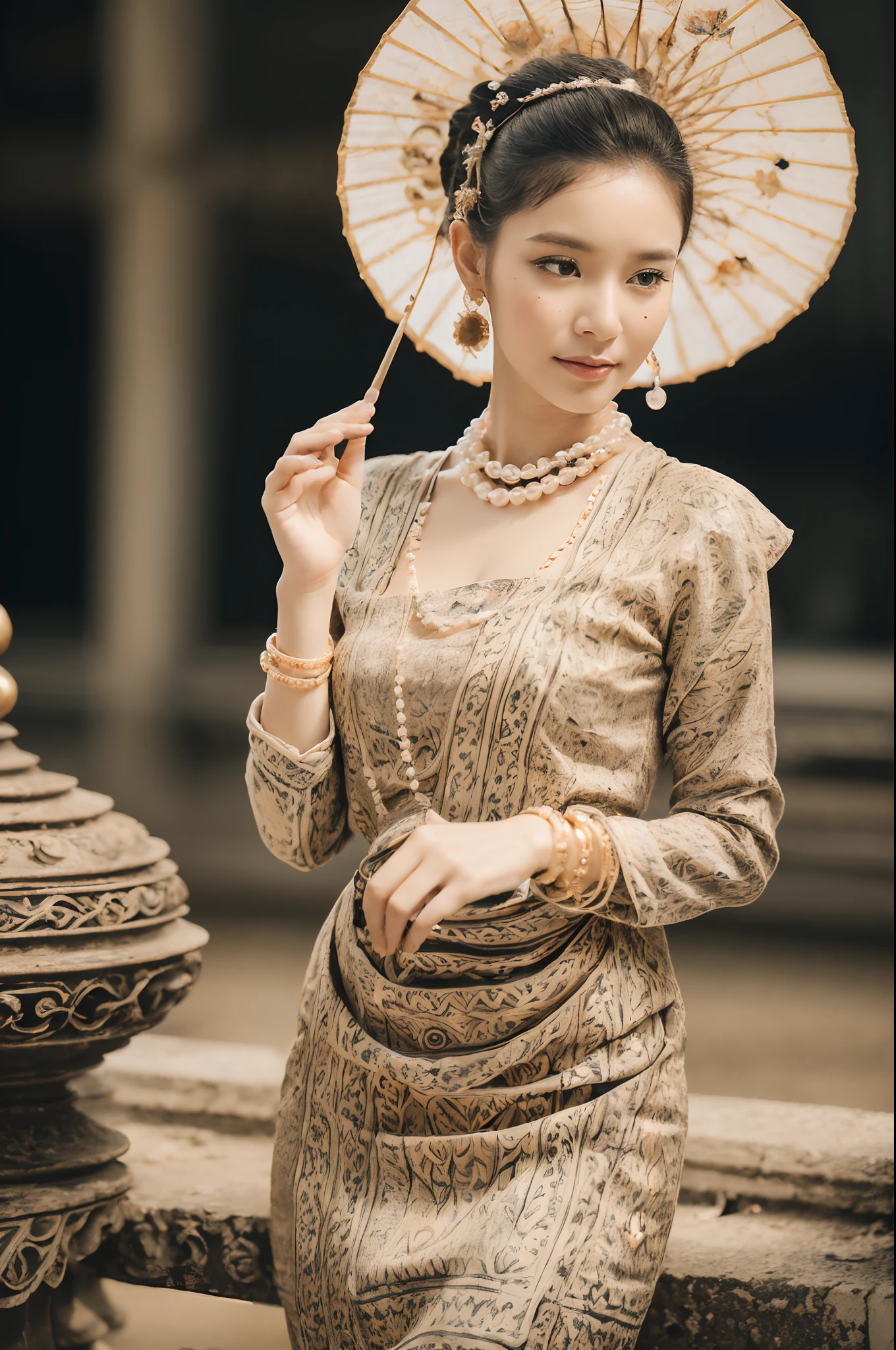 (best quality,4k,8k,highres,masterpiece:1.2),ultra-detailed,(realistic,photorealistic,photo-realistic:1.37), MMTD Burmese patterned traditional dress, beautiful lady wearing the dress, detailed eyes and face, long eyelashes, wear pearl necklaces and gold bracelets, soft natural lighting ,ancient city,standing full body details