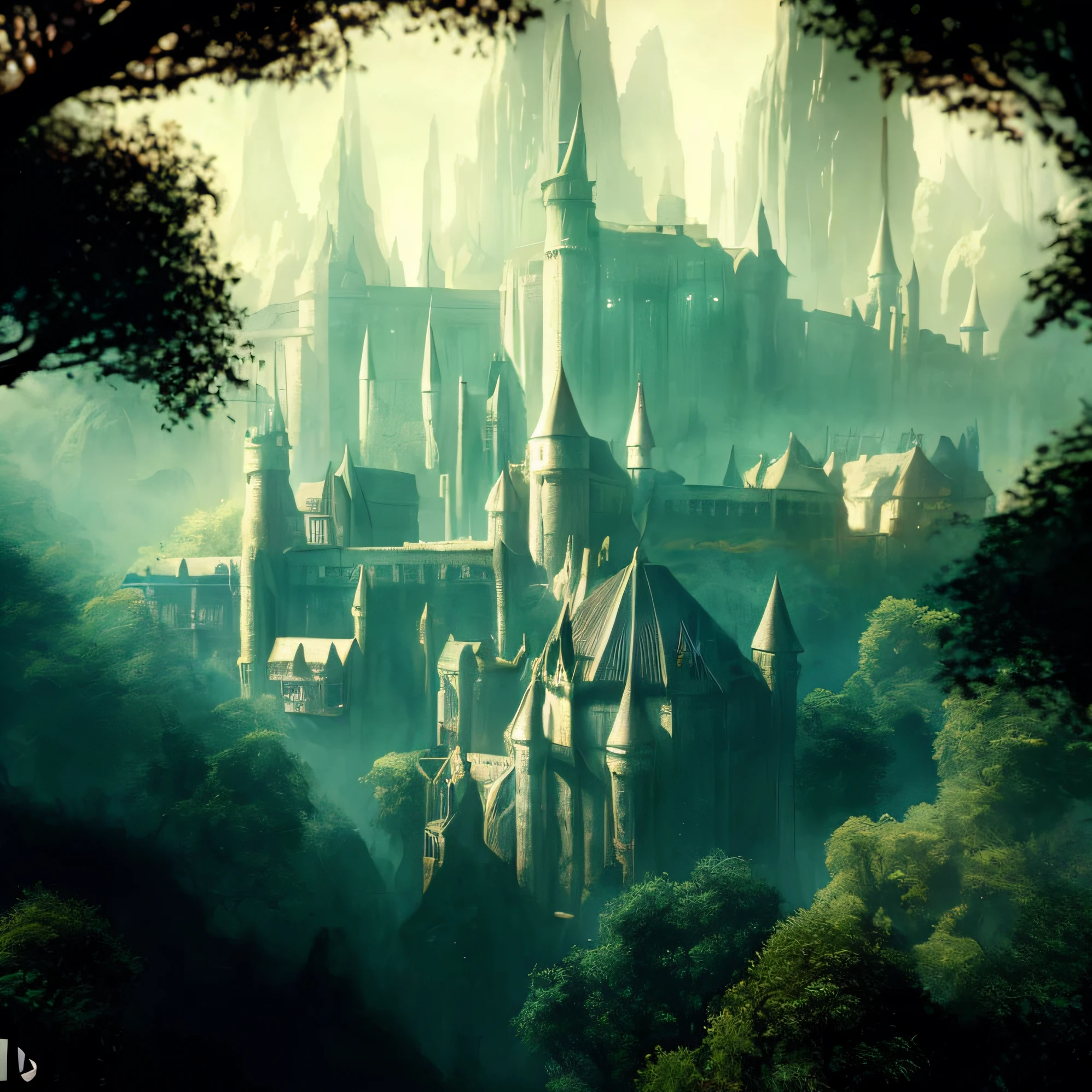 Arafed Castle in the middle of a forest with a foggy sky, elven city, elven palace of ghemathar, pintura fosca em estilo fantasia, Fantasia pintura fosca, paisagem da fantasia medieval, Lothlorien, pintura fosca requintada, Paisagem urbana de fantasia, Fantasia pintura fosca,fofo, illustration matte painting, pintura fosca bonita, fundo da cidade da fantasia