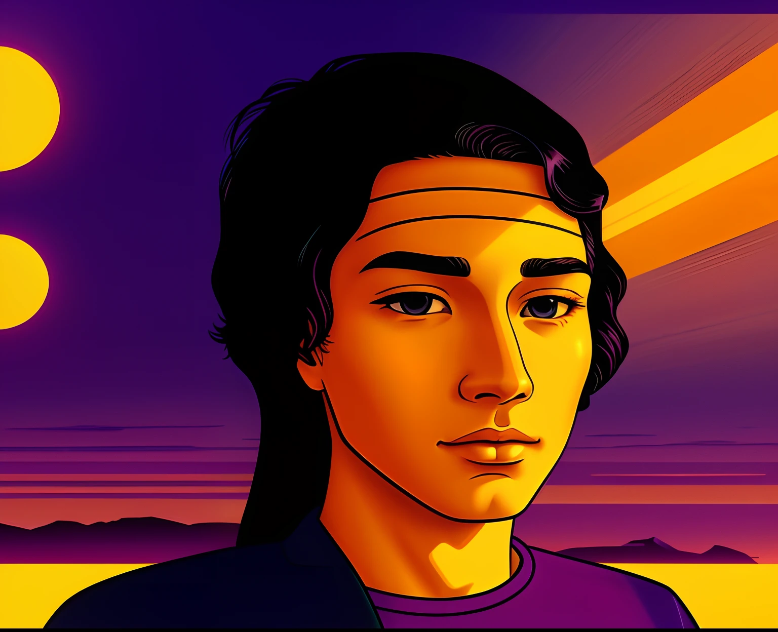vaporwave cartoon, the sunset, ??? face, ((sunset)), with a sunset, human staring blankly ahead, sunset sunrise, sad man, calm face, vaporwave sunset, violet and yellow sunset
