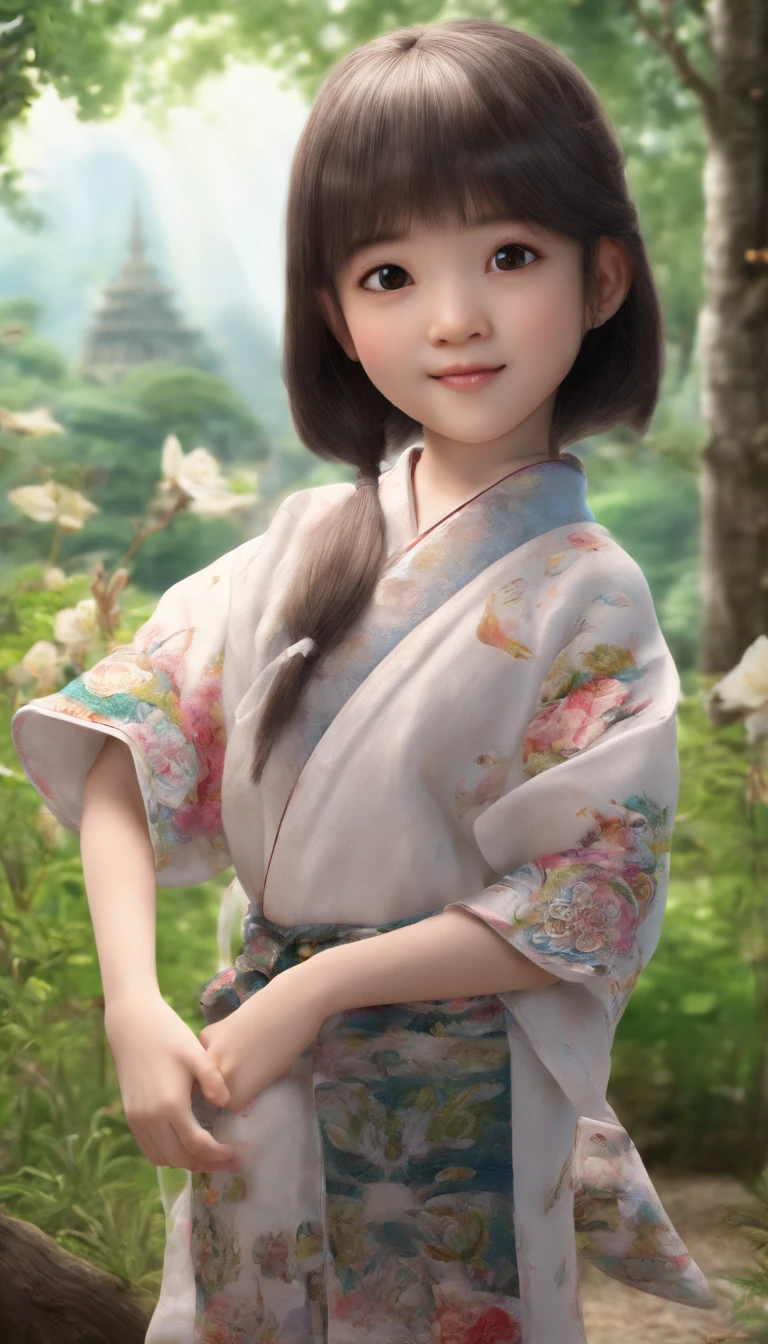 "Create a cute cartoon style drawing, A 7--old anese girl smiling slightly, Similar to Blythe dolls. She wears a kimono, The brunette is styled as Bob, Dark eyes, Cute little nose, and slender figure. The girl stood facing forward,Hang your hands at your sides, Legs straight, and feet pointing forward.full bodyesbian,Barefoot,Shoot at medium distance"