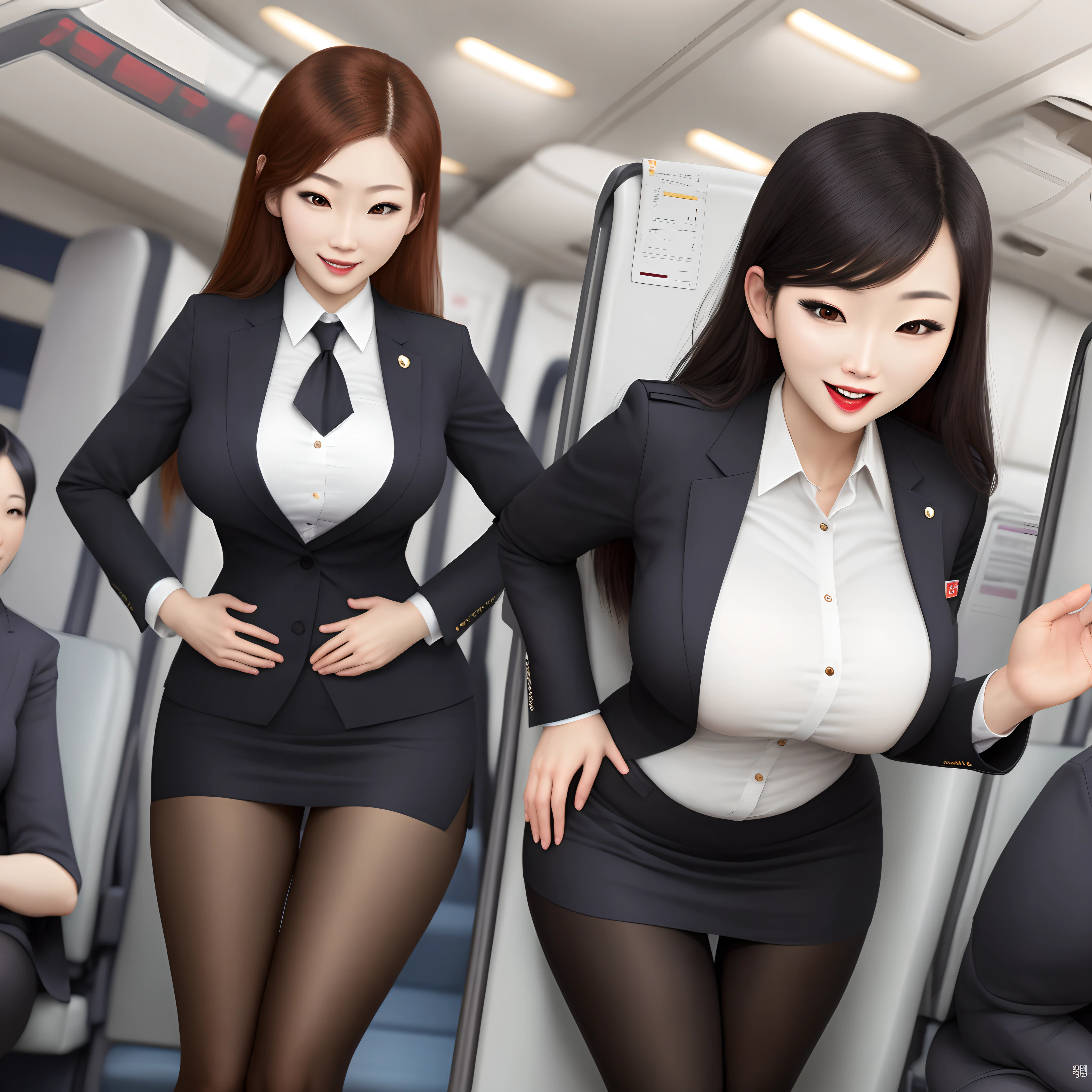 Female Vampire Korean Japanese Flight Attendant with big boobs and cuvy hips wearing black tights underneath her flight attendant Uniform