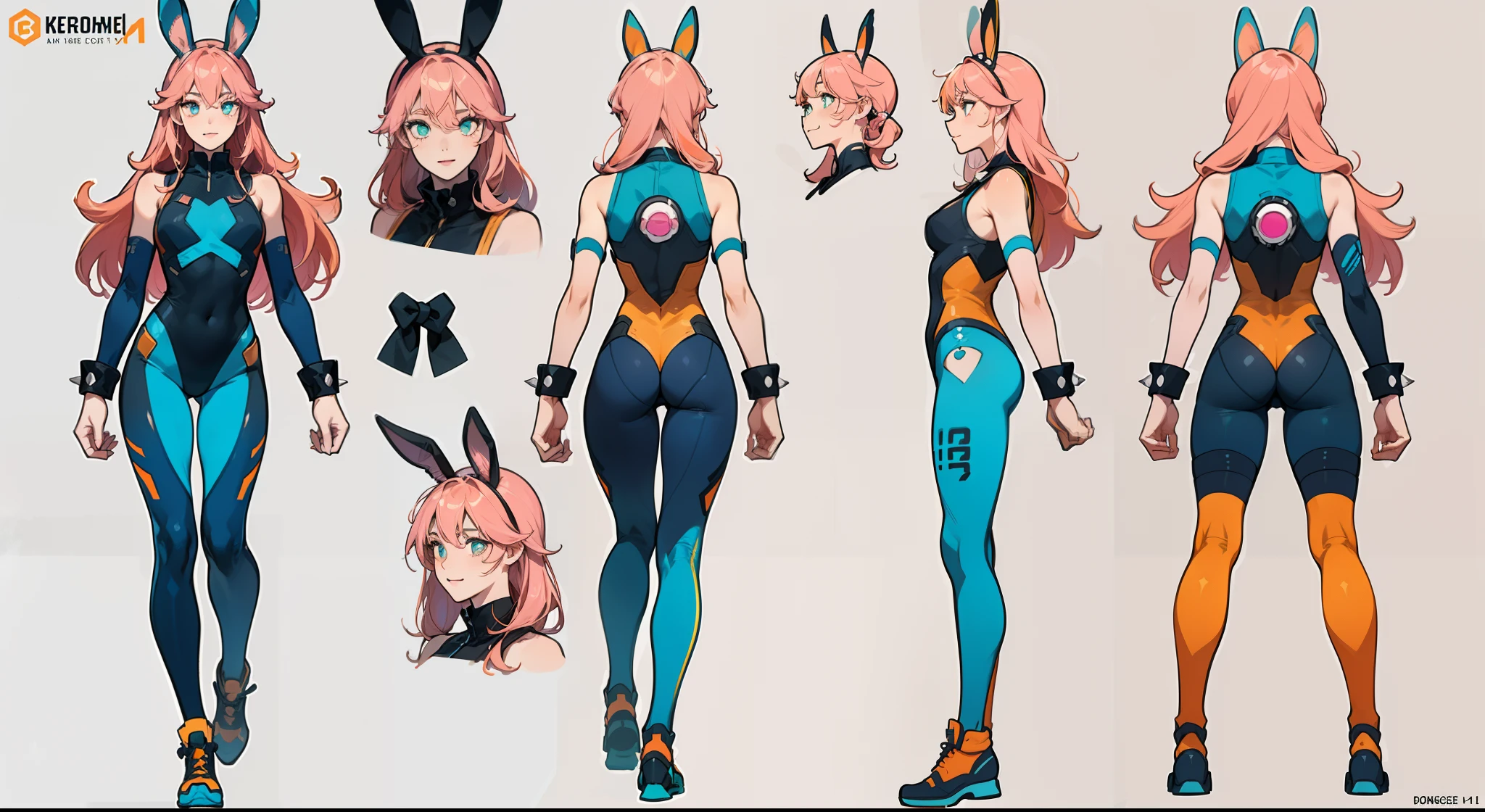 ((masterpiece)),(((best quality))),(character design sheet,same character,front,side,back), Reference sheet ((Best Quality)), ((Masterpiece)), ((Realistic)) tsuka kendou, 1woman, cute face, determined look, smile, long_legs, full_body, adult mature female ((spiky orange-pink hair,))((orange-pink mullet 1.1)), (mid length hair), bright cyan_eyes, (yellow_pupil,) hero, sleeveless blue_spandex_bodysuit, long orange-pink ((rabbit_ears,)) colored concept art, highly detailed character design, highly detailed face, Vivid and colorful colors, Delicate lines, tome + concept art, detailed full body concept art, full body character concept art, full body concept art, full character concept art, full body character concept, full body character design, 8 k character concept art, 8k character concept art, single character concept art, detailed character design, detailed face, detailed hair, (simple background, white background: 1.3)