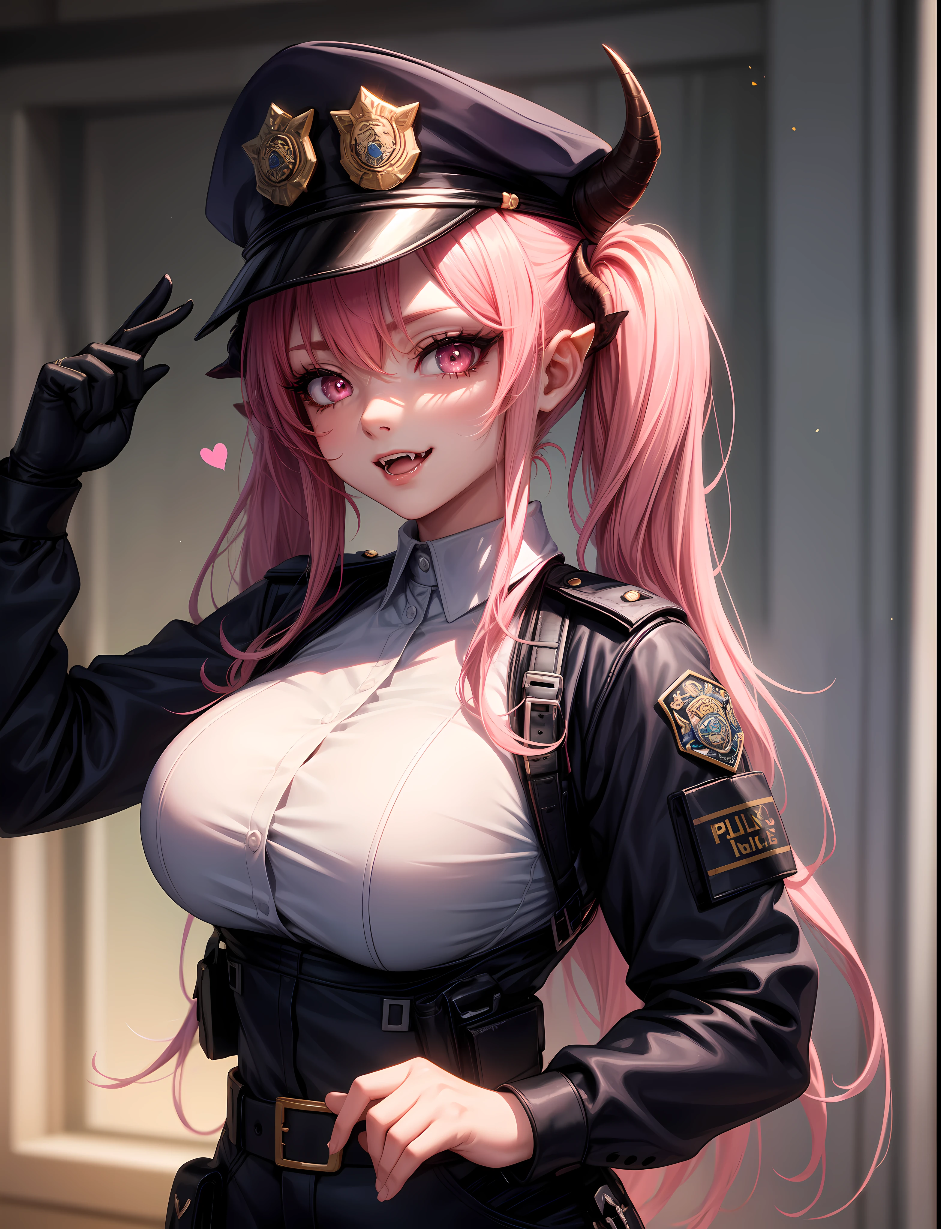 4k,  ,Lens flare, pink hair ,mascara, eyeliner, god rays, 4k, 8k, best quality, masterpiece, hyper detailed, intricate detail, twin tails, long hair, horns, police uniform, massive breasts, fangs, police hat, smug, pink eyes, heart shaped pupils