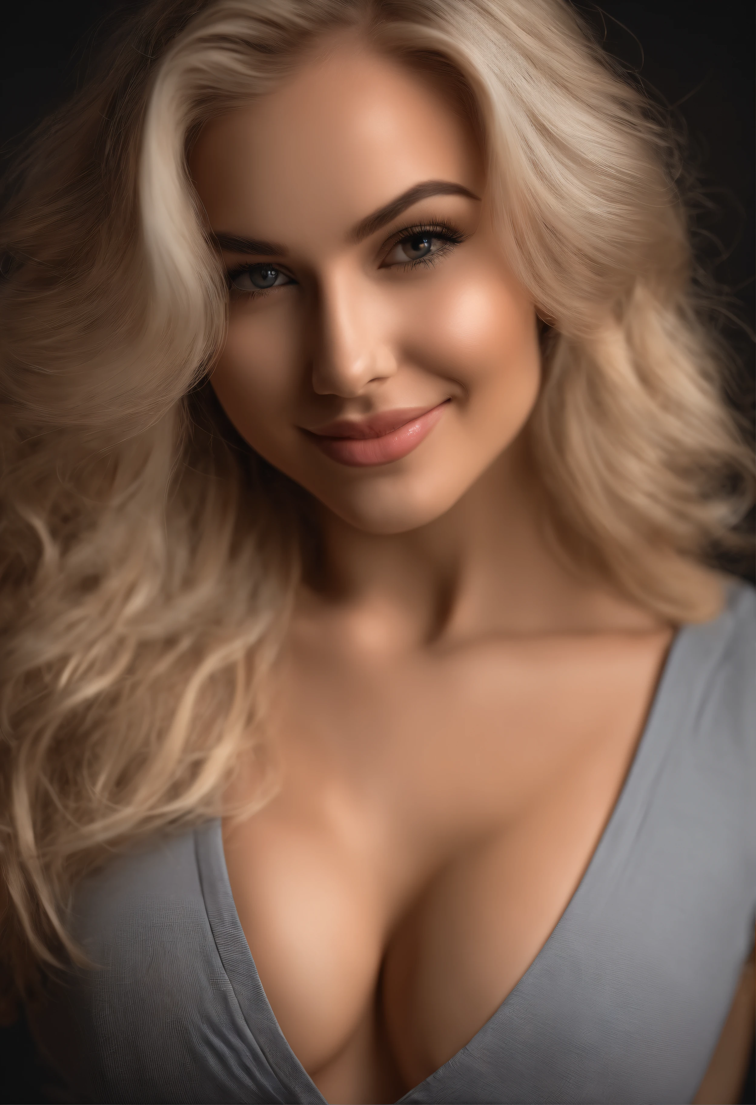 professional, (4k photo:1.1) by (Jeremy Lipking:0.3), (Dittmann Anna:0.3), (Arian Mark:0.3), (Sharp focus:1.3), high detail, wearing (lowcut shirt:1.2), beautiful detailed face, hazel eyes, long blonde hair, (attractive young woman:1.3), (seductive:1.1), (blushing:1.1), hourglass body shape, large round big breasts, wide thicc hips, woman in gray dress posing in club, blonde goddess, tight outfit, tight attire, smiling seductively, pretty face, perfect white haired girl, satisfied pose, cute seductive smile, beautiful blonde girl, good young girl, beautiful angle, attractive pose, cute girl, sexy pose, a gorgeous blonde, full body picture, full body