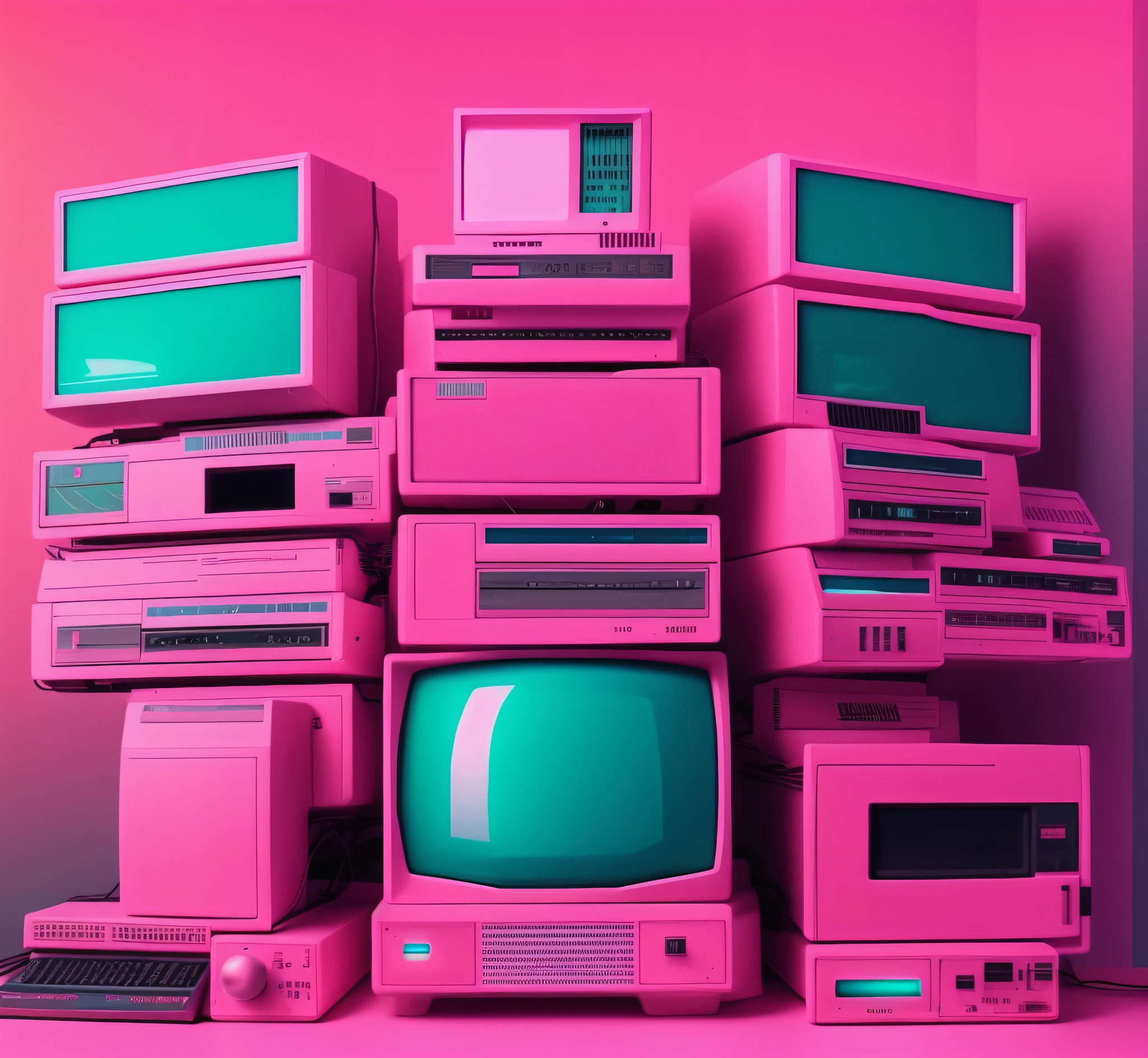 Imagem de uma pilha de televisores cor-de-rosa velhos e computadores velhos, Retro pink synthwave style, Vaporwave Maximalista, Aesthetics of the 80s, 8 0 ies aesthetics, Maximalismo maximalista Vaporwave, vaporwave aesthetics, telas crt em segundo plano, synthwave aesthetic, Bolo Synthwave, vaporwave aesthetics, nostalgia vaporwave