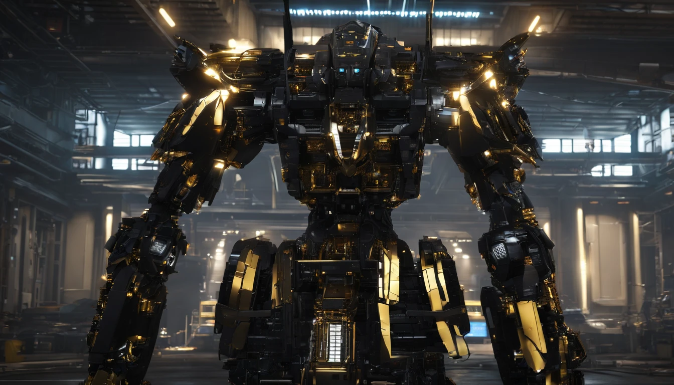 a giant black and gold mecha inspired from gundam in a hangar, from below, (16k,masterpiece:1.3)