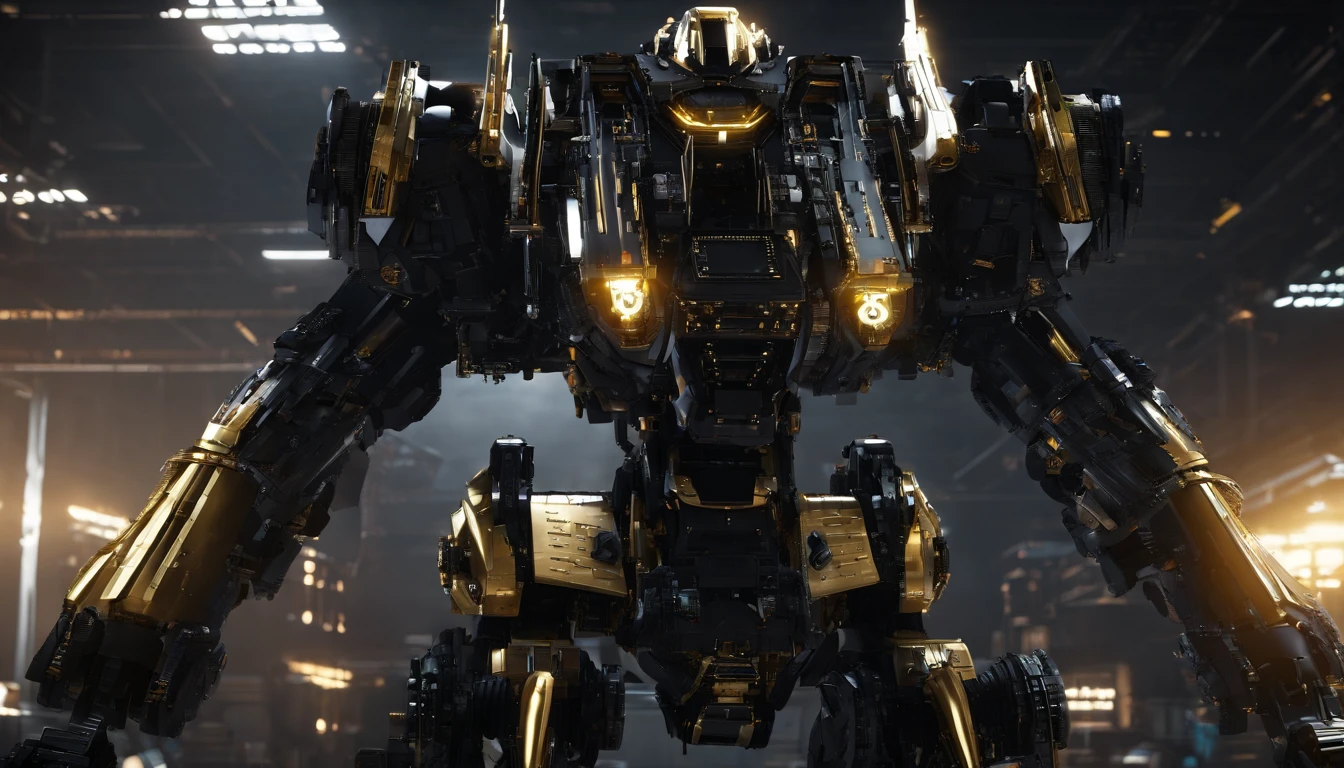 a giant black and gold mecha inspired from gundam in a hangar, from below, (16k,masterpiece:1.3)