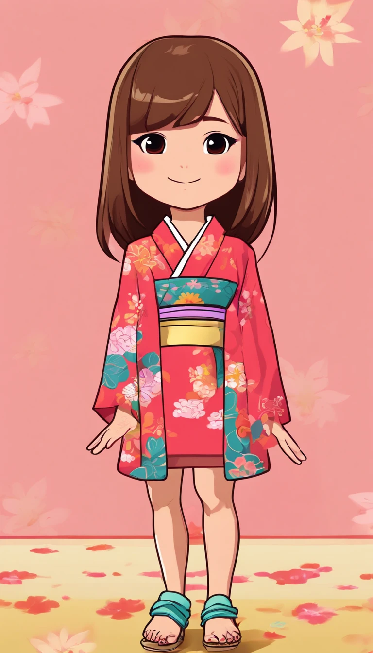 "Create a cute cartoon style drawing, A 7--old anese girl smiling slightly, Similar to Blythe dolls. She wears a kimono, The brunette is styled as Bob, Dark eyes, Cute little nose, and slender figure. The girl stood facing forward，Hang your hands at your sides, Legs straight, and feet pointing forward.full bodyesbian，Barefoot，Shoot at medium distance"