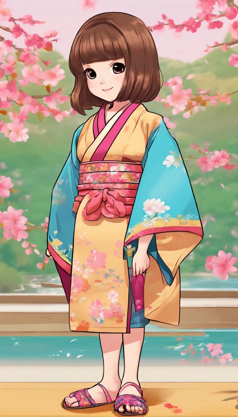 "Create a cute cartoon style drawing, A 7-year-old Japanese girl smiling slightly, Similar to Blythe dolls. She wears a kimono, The brunette is styled as Bob, Dark eyes, Cute little nose, and slender figure. The girl stood facing forward,Hang your hands at your sides, Legs straight, and feet pointing forward.full bodyesbian,Barefoot,Shoot at medium distance"