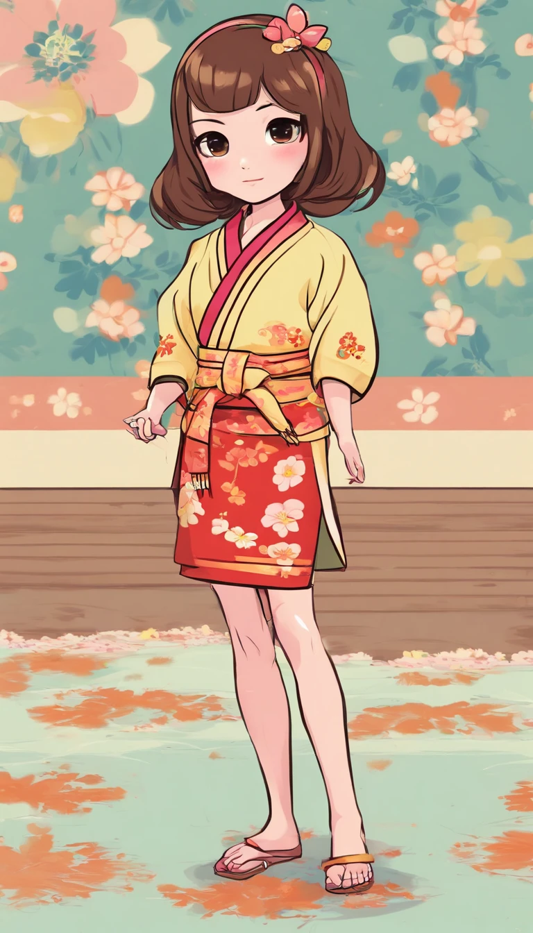 "Create a cute cartoon style drawing, A 7--old anese girl smiling slightly, Similar to Blythe dolls. She wears a kimono, The brunette is styled as Bob, Dark eyes, Cute little nose, and slender figure. The girl stood facing forward，Hang your hands at your sides, Legs straight, and feet pointing forward.full bodyesbian，Barefoot，Shoot at medium distance"