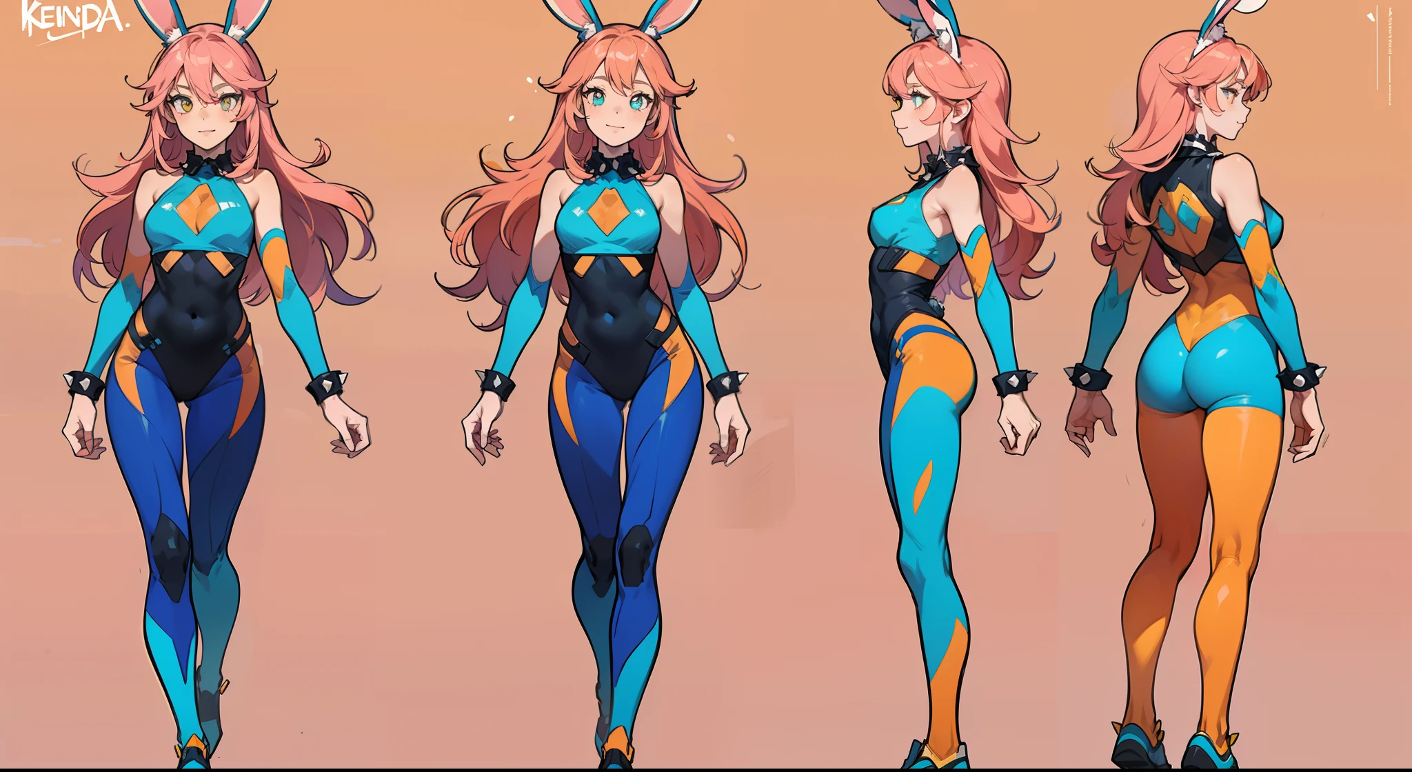 ((masterpiece)),(((best quality))),(character design sheet,same character,front,side,back), Reference sheet ((Best Quality)), ((Masterpiece)), ((Realistic)) tsuka kendou, 1woman, cute face, determined look, smile, long_legs, full_body, adult mature female ((spiky orange-pink hair,))((orange-pink mullet 1.1)), (long hair), bright cyan_eyes, (yellow_pupil,) hero, sleeveless blue_spandex_bodysuit, long orange-pink rabbit_ears, colored concept art, highly detailed character design, highly detailed face, Vivid and colorful colors, Delicate lines, tome + concept art, detailed full body concept art, full body character concept art, full body concept art, full character concept art, full body character concept, full body character design, 8 k character concept art, 8k character concept art, single character concept art, detailed character design, detailed face, detailed hair, (simple background, white background: 1.3)