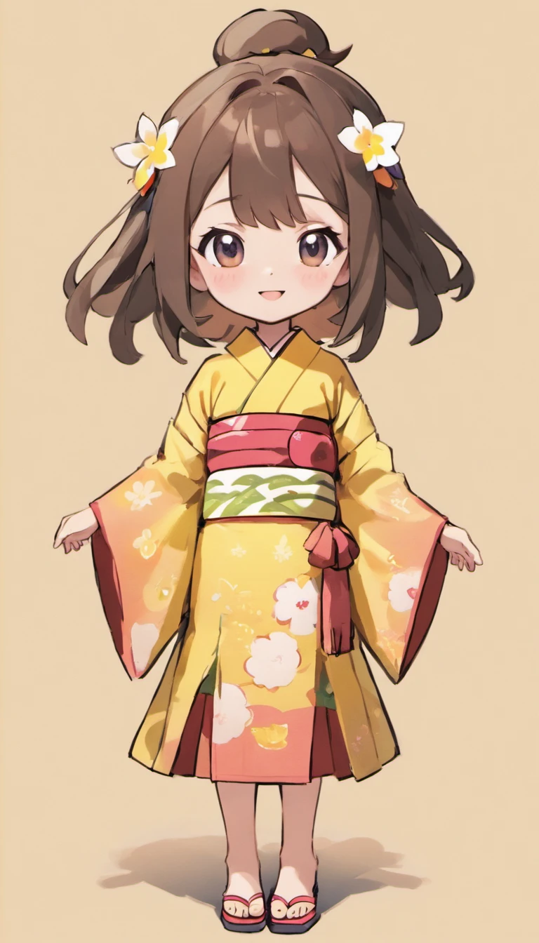 "Create a cute cartoon style drawing, A 7--old anese girl smiling slightly, Similar to Blythe dolls. She wears a kimono, The brunette is styled as Bob, Dark eyes, Cute little nose, and slender figure. The girl stood facing forward,Hang your hands at your sides, Legs straight, and feet pointing forward.full bodyesbian,Barefoot,Shoot at medium distance"