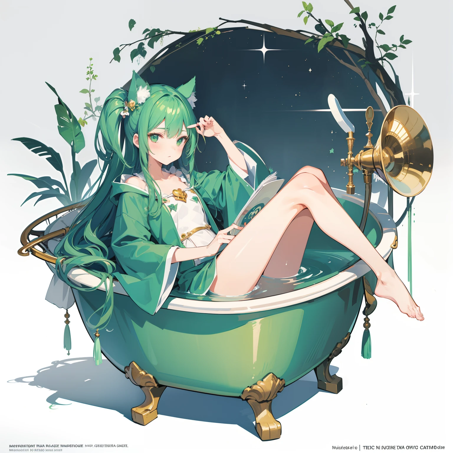 (Mouthpiece, top quality, illustration, very high quality, very delicate writing),Full body, magical girl with long hair soaking in cat foot tub, green robe, machine based cat foot tub, lively, no background, one person, pants style, no expression