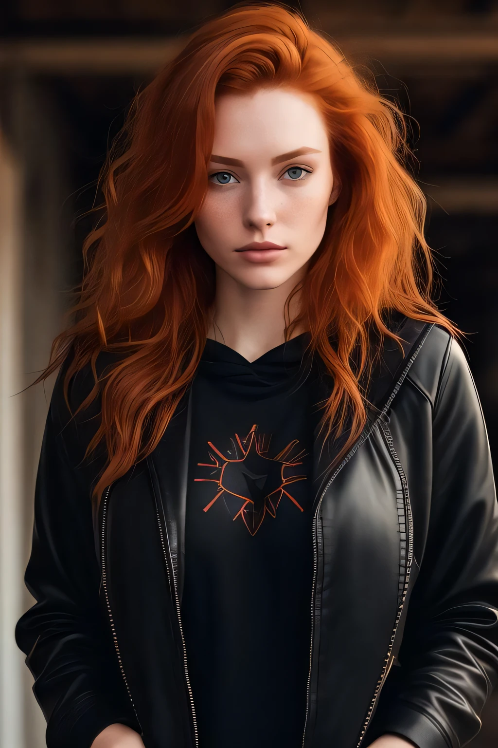 a photo of a seductive woman with loose styled (redhead hair:1.1), bored, she is wearing a hoodie and black leather jacket, mascara, (textured skin, skin pores:1.1), (moles:0.8), imperfect skin, goosebumps, flawless face, (light freckles:0.9), (sun-kissed:1.1), ((photorealistic):1.1), (raw, 8k:1.3),