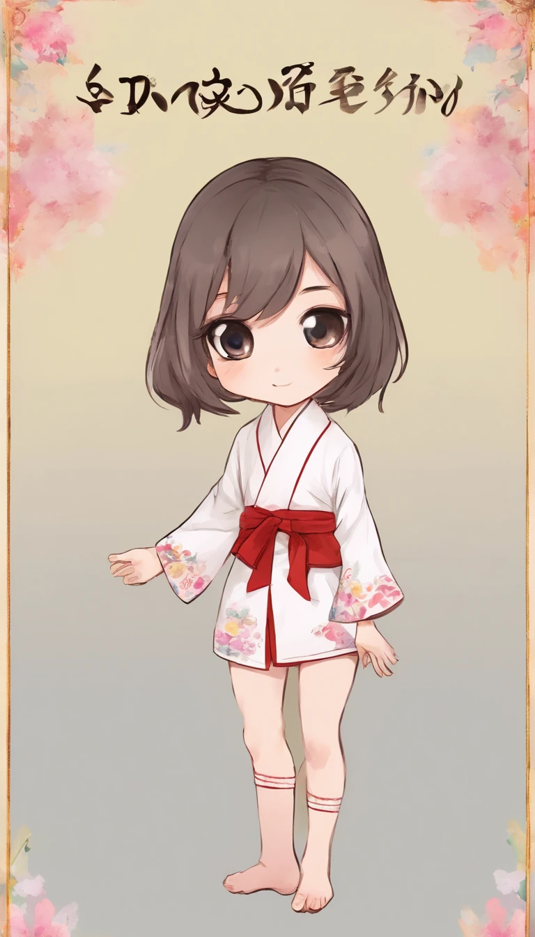 "Create a cute cartoon style drawing, A 7-year-old Japanese girl smiling slightly, Similar to Blythe dolls. She wears a kimono, The brunette is styled as Bob, Dark eyes, Cute little nose, and slender figure. The girl stood facing forward,Hang your hands at your sides, Legs straight, and feet pointing forward.full bodyesbian,Barefoot,Shoot at medium distance"