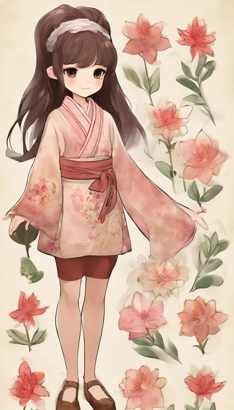 "Create a cute cartoon style drawing, A 7-year-old Japanese girl smiling slightly, Similar to Blythe dolls. She wears a kimono, The brunette is styled as Bob, Dark eyes, Cute little nose, and slender figure. The girl stood facing forward，Hang your hands at your sides, Legs straight, and feet pointing forward.full bodyesbian，Barefoot，Shoot at medium distance"