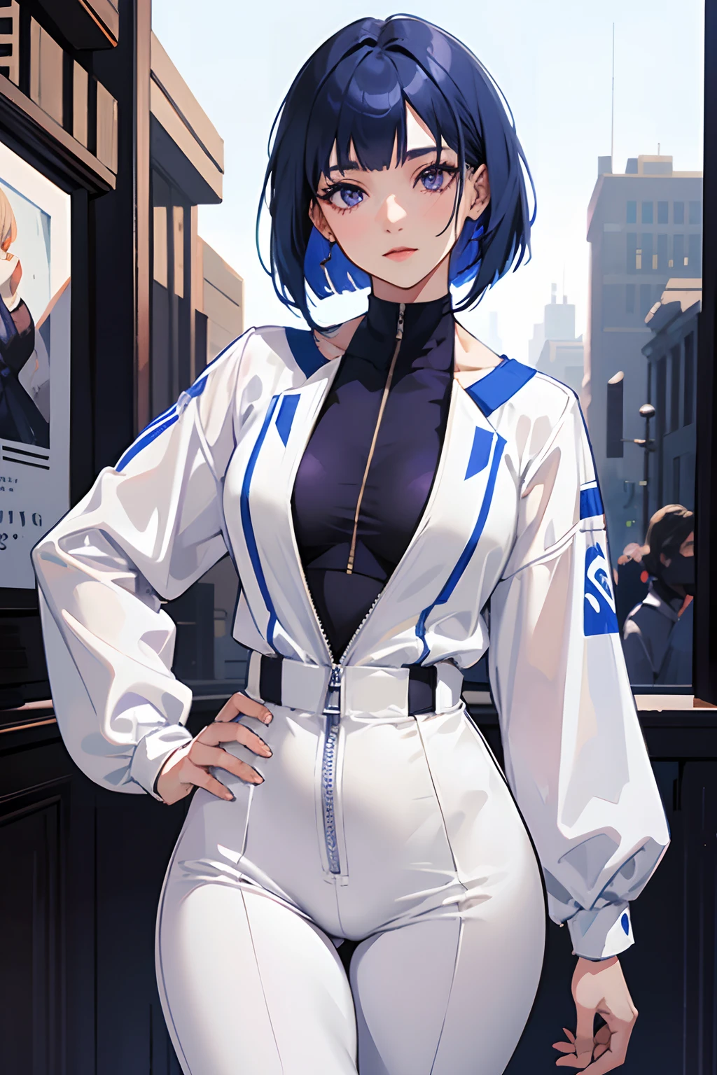 Beautiful Woman , blue hair , bob hair style , purple eyes , mature woman , white jumpsuit , over sized coller , Small chest