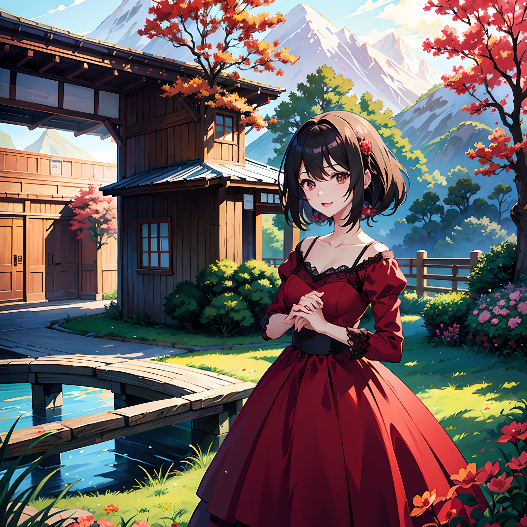 Anime scene of a woman in a red dress and a train, mountain road.,Anime style, made with anime painter studio, Train, anime countryside landscape, inspired by Kamisaka Sekka, Anime style, Anime landscape concept art, painted in anime painter studio, anime scener, Authors：Middle Bokun, Anime landscapes, Authors：New Art