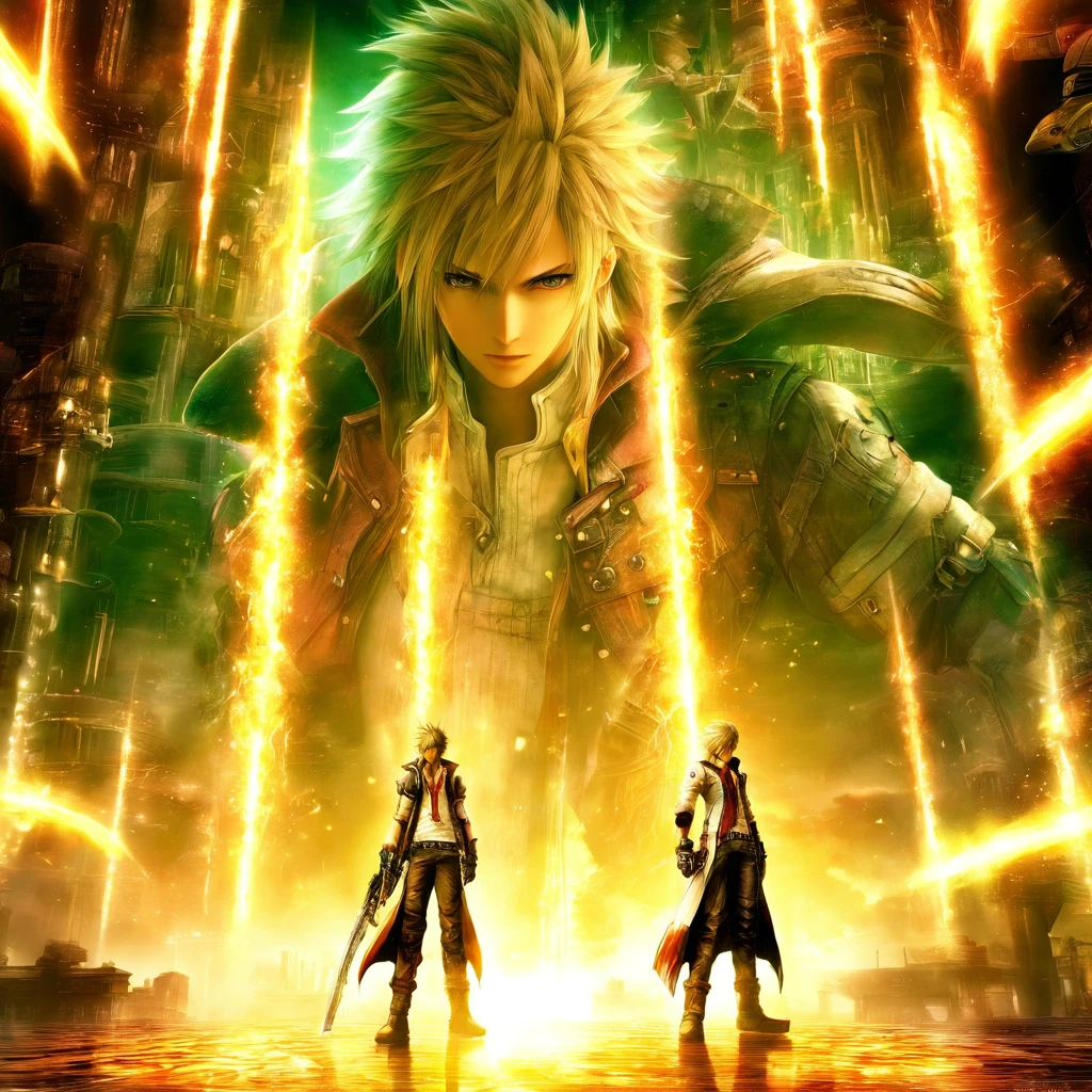 a couple of anime characters standing next to each other, resonance of fate tower art, satchely and akihiko yoshida, from final fantasy xiii, from final fantasy, final fantasy artwork concept, promotional art, akehiko inoue and ross tran, artbook artwork, character album cover, official artwork, final fantasy fan art, final fantasy x, --s 150