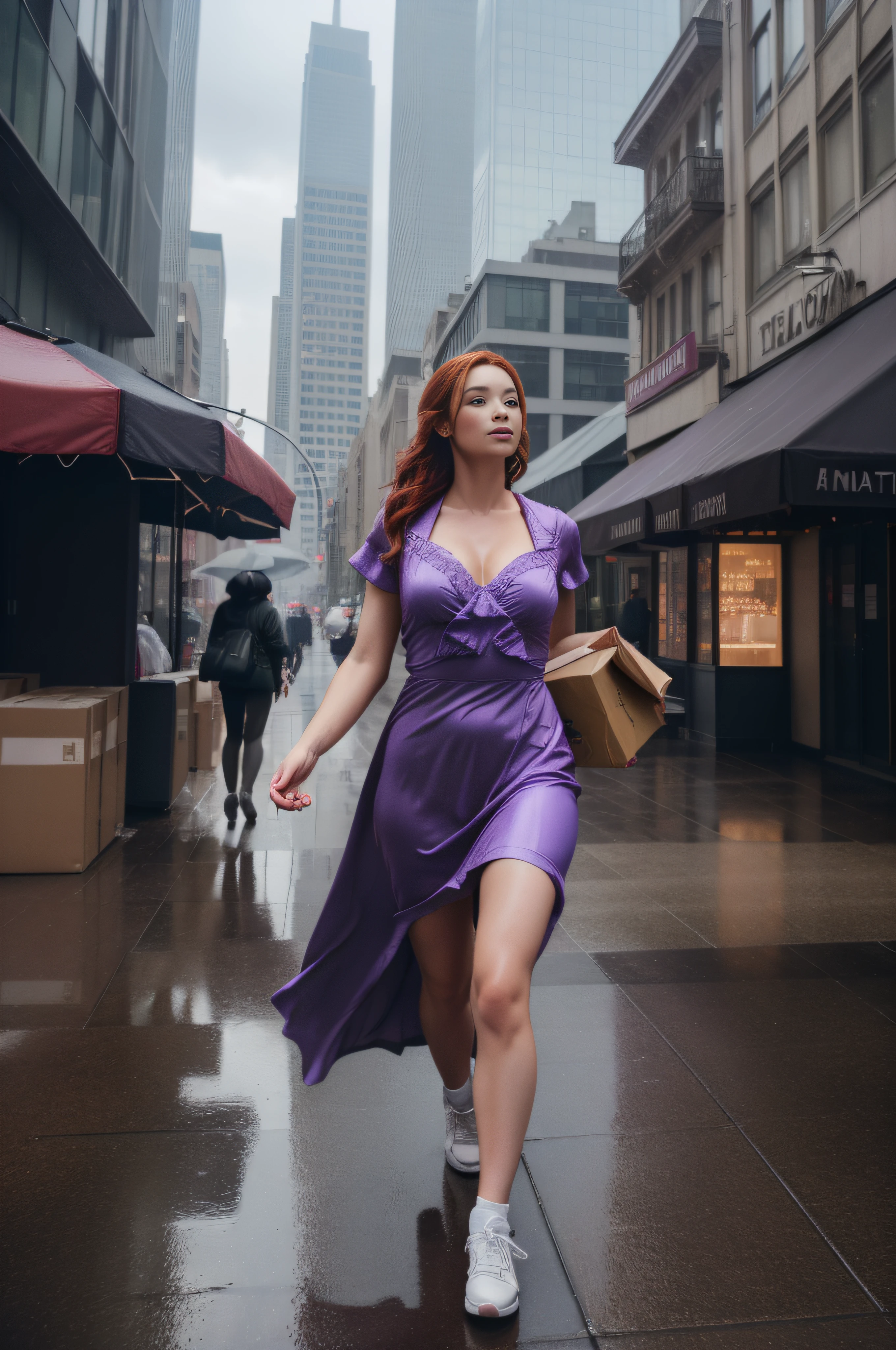 a woman in a purple dress is (walking) down the street, cloudy and rainy weather, delivering packages and boxes, escape from New York, military girl, soaring above a dense city, workers revolution, poster, surveillance, print, ( waitress ) girl, young redhead girl in motion, people run on the street,(8k, RAW photo, best quality, masterpiece:1.2), ultra high res, photorealistic:1.4),Cinematic Light,(soft volumetric lighting:1.2), (realistic, photo-realistic:1.37), detailed skin,professional lighting,Photography, Sharp focus, detailed ,professional lighting, photon mapping, detailed and intricate environment,highly detailed,best quality,8k artistic photography, photorealistic concept art, soft natural volumetric cinematic perfect light,MIDJOURNEY,3DMDT, (cloudy and rainy weather), [cloudy and rainy weather]