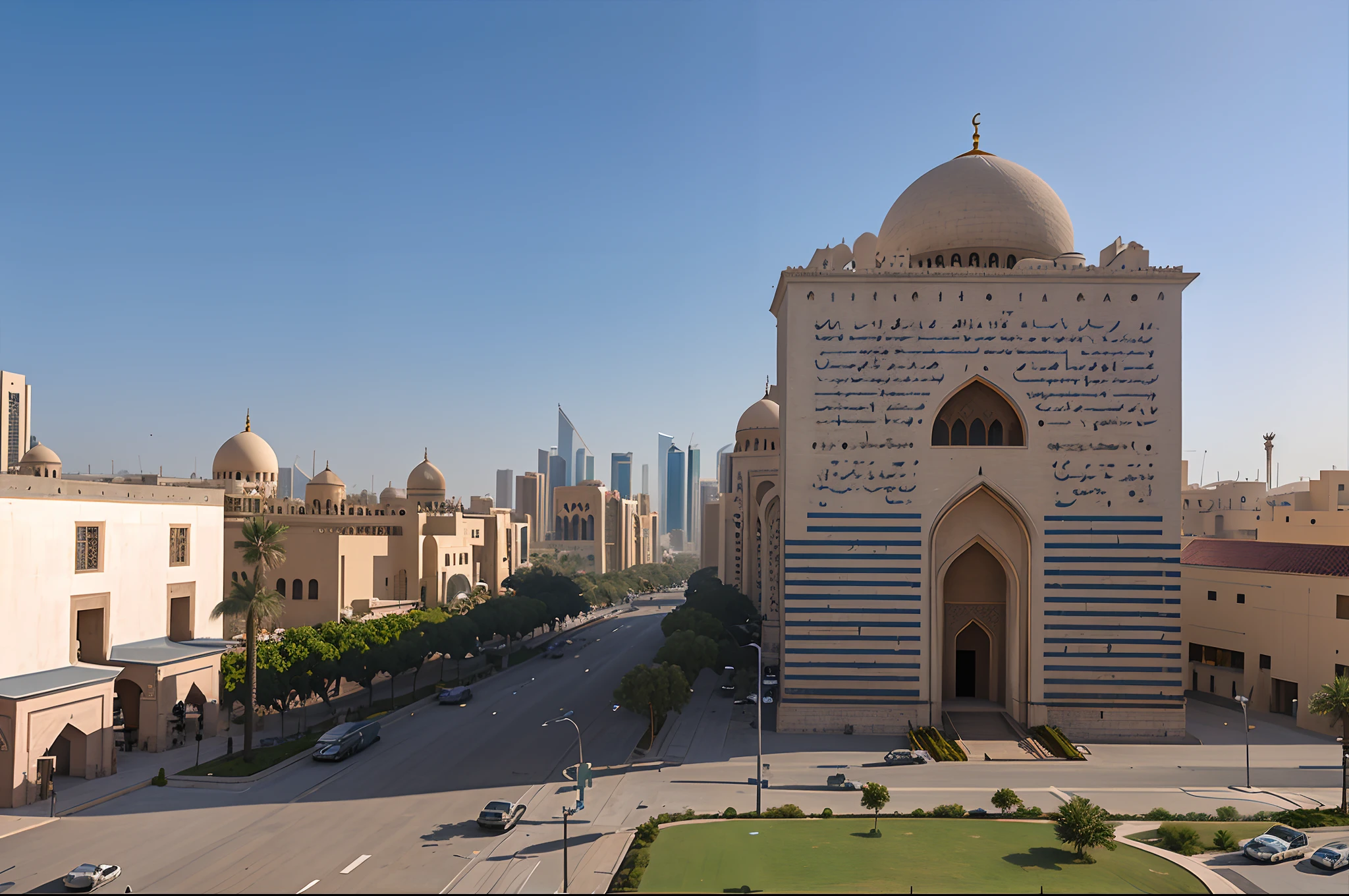 a very high detailed realistic photo of Abu Dhabi, a mosquee with a minaret is visible on the right, skyscrapers on the left, hyperrealsitic