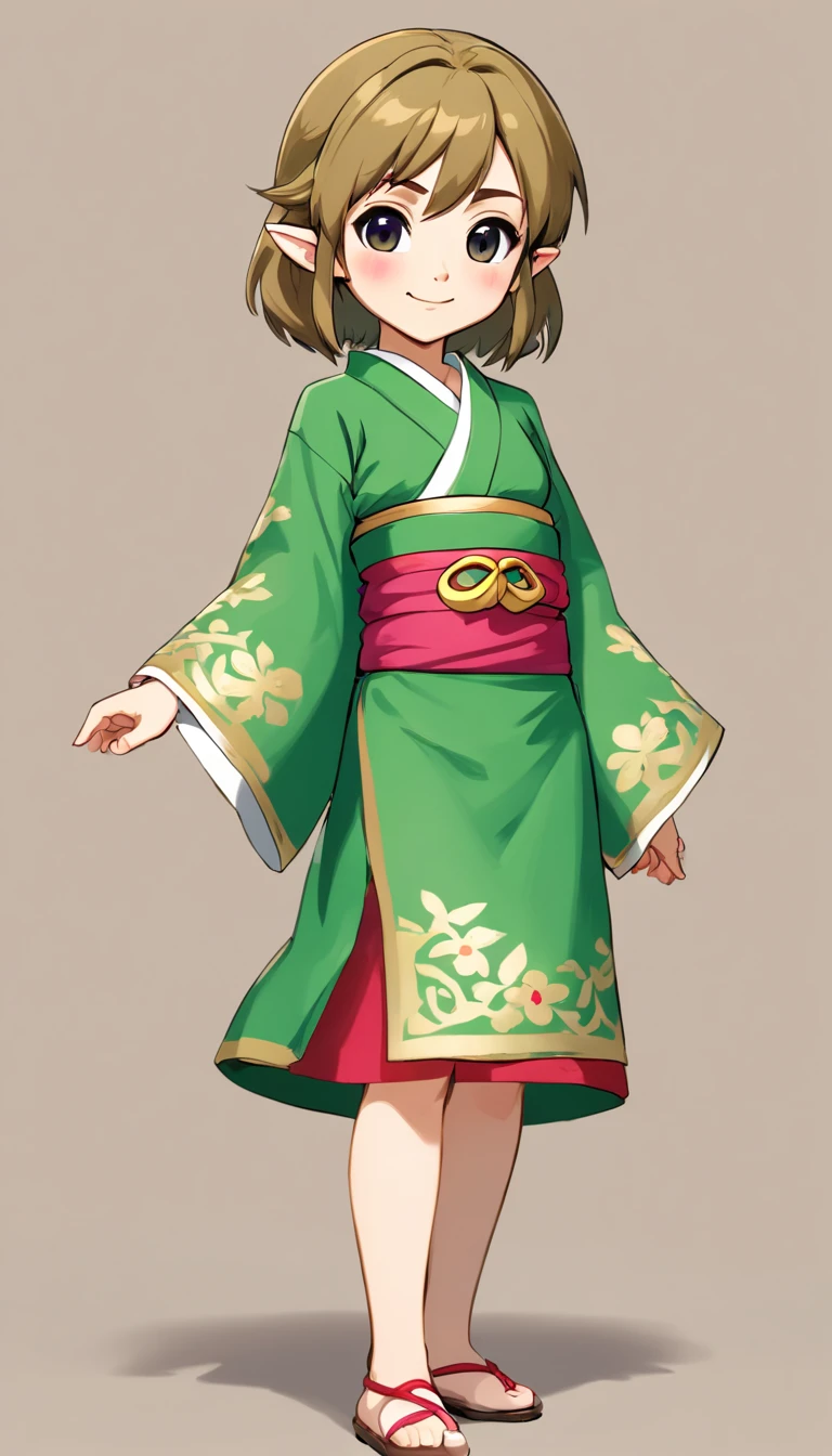 "Create a cute cartoon style drawing, A 7--old anese girl smiling slightly, Similar to Blythe dolls. She wears a kimono, The brunette is styled as Bob, Dark eyes, Cute little nose, and slender figure. The girl stood facing forward，Hang your hands at your sides, Legs straight, and feet pointing forward.full bodyesbian，Barefoot，Shoot at medium distance"