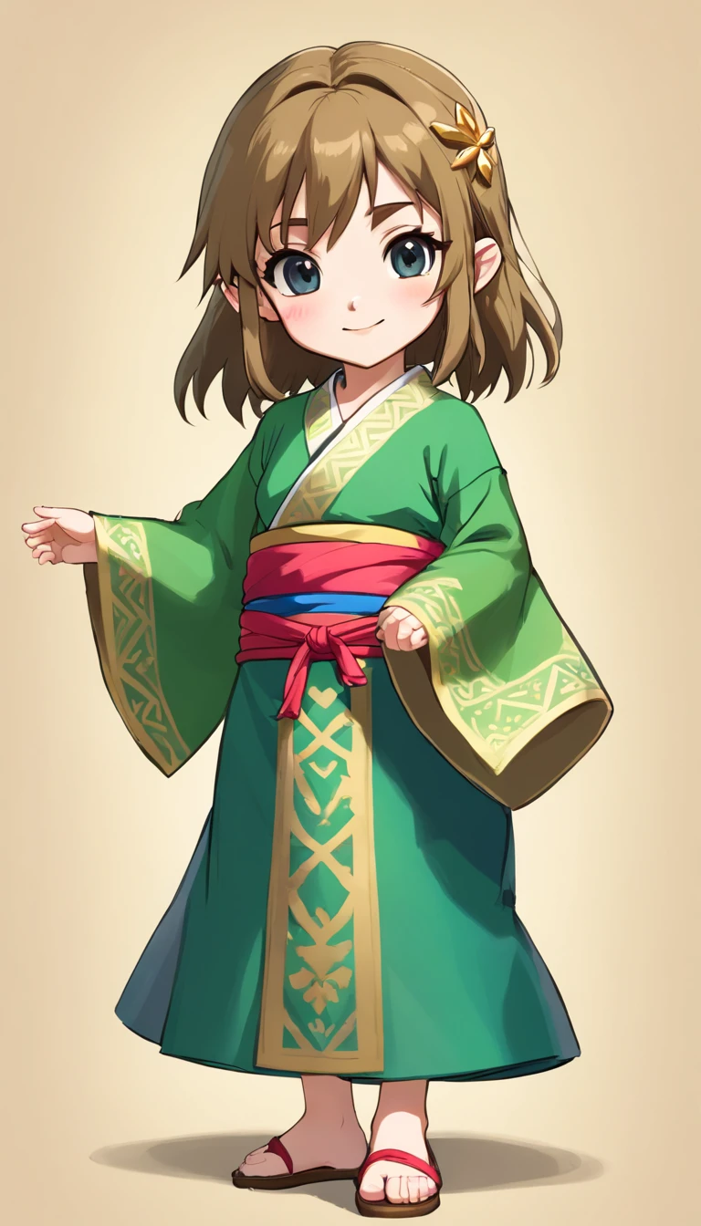 "Create a cute cartoon style drawing, A 7--old anese girl smiling slightly, Similar to Blythe dolls. She wears a kimono, The brunette is styled as Bob, Dark eyes, Cute little nose, and slender figure. The girl stood facing forward,Hang your hands at your sides, Legs straight, and feet pointing forward.full bodyesbian,Barefoot,Shoot at medium distance"