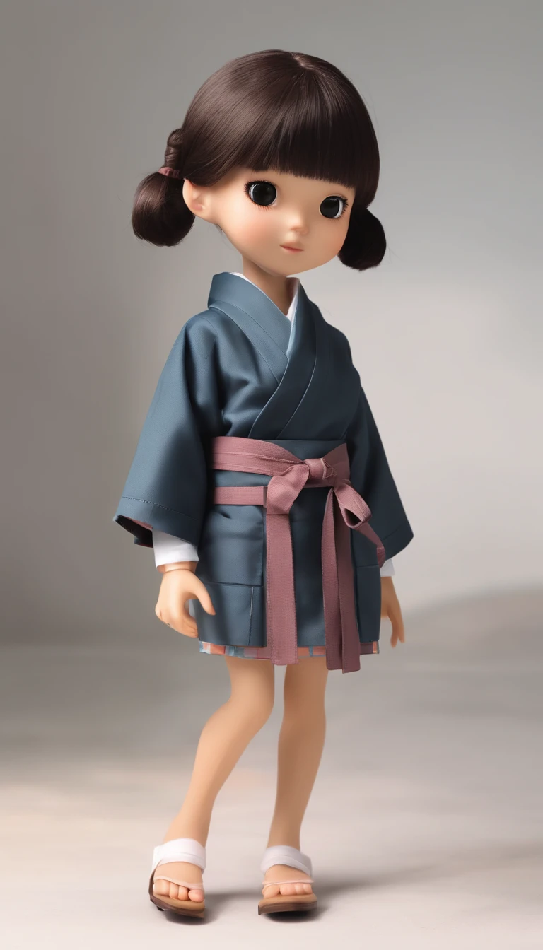 "Create a cute cartoon style drawing, A 7-year-old Japanese girl smiling slightly, Similar to Blythe dolls. She wears a kimono, The brunette is styled as Bob, Dark eyes, Cute little nose, and slender figure. The girl stood facing forward,Hang your hands at your sides, Legs straight, and feet pointing forward.full bodyesbian,Barefoot,Shoot at medium distance"