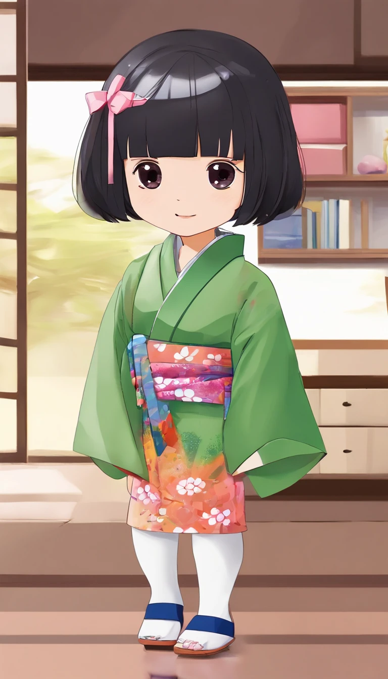 "Create a cute cartoon style drawing, A 7-year-old Japanese girl smiling slightly, Similar to Blythe dolls. She wears a kimono, The brunette is styled as Bob, Dark eyes, Cute little nose, and slender figure. The girl stood facing forward，Hang your hands at your sides, Legs straight, and feet pointing forward.full bodyesbian，Barefoot，Shoot at medium distance"