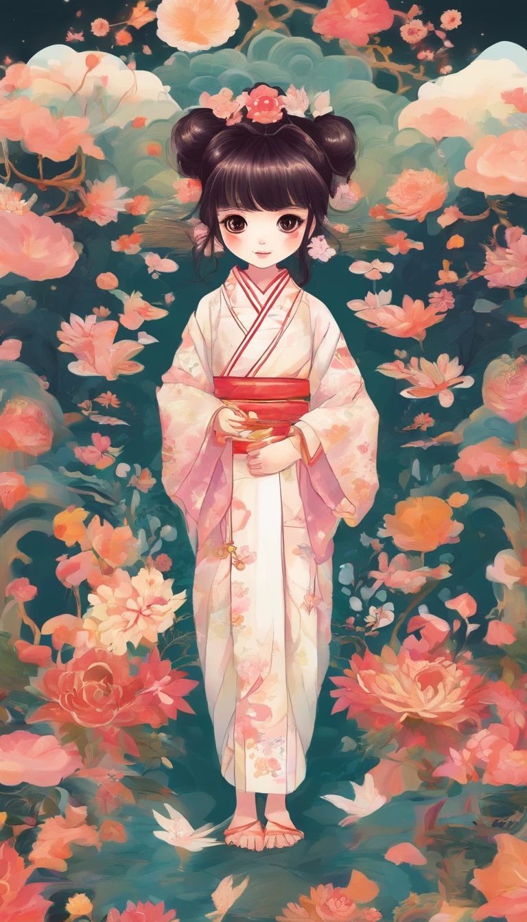 "Create a cute cartoon style drawing, A 7-year-old Japanese girl smiling slightly, Similar to Blythe dolls. She wears a kimono, The brunette is styled as Bob, Dark eyes, Cute little nose, and slender figure. The girl stood facing forward，Hang your hands at your sides, Legs straight, and feet pointing forward.full bodyesbian，Barefoot，Shoot at medium distance"