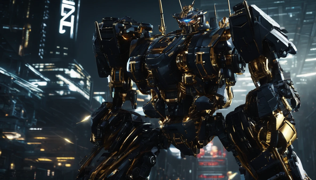 a giant mecha looking like the aerial in gundam, in a wharehouse, black and gold, glowing eyes, from below, (16k,masterpiece:1.3)