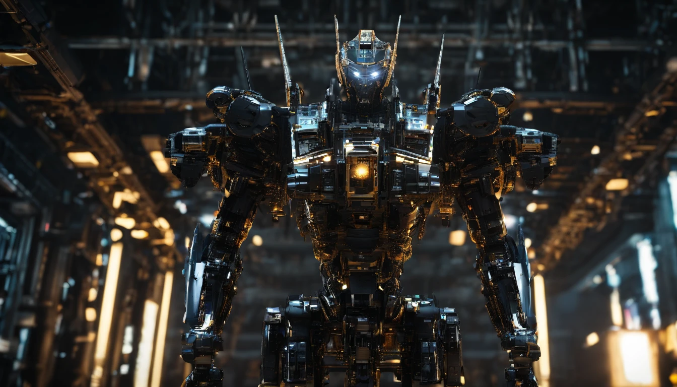 a giant mecha looking like the aerial in gundam, in a wharehouse, black and gold, glowing eyes, from below, (16k,masterpiece:1.3)