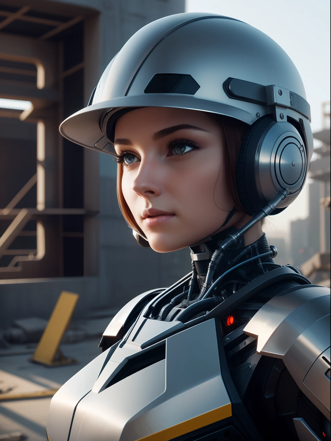 Cinematic still photo close of beautiful civil engineer cybernetic girl, looking to camera, front view, futurist construction helmet