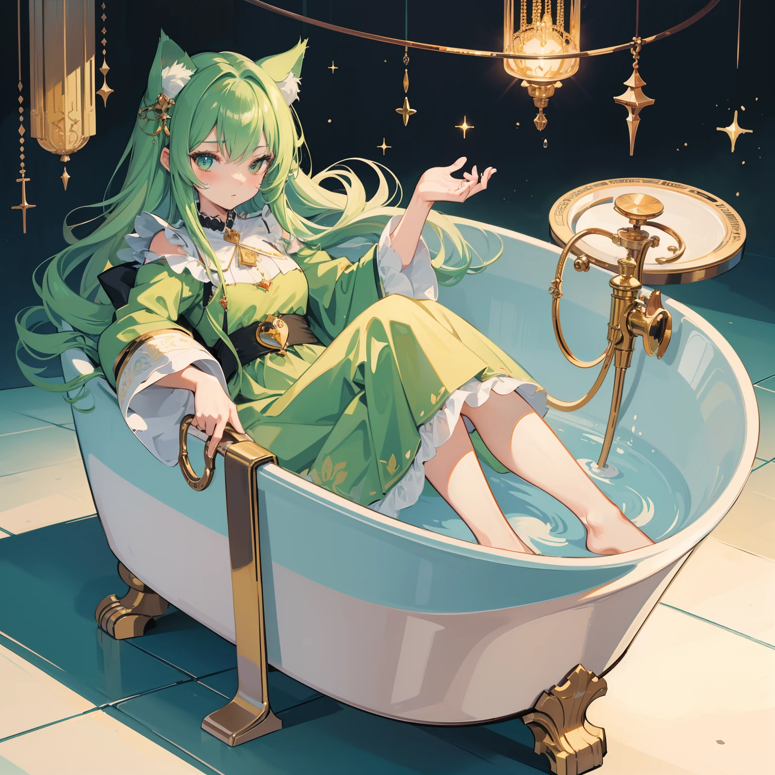(Mouthpiece, top quality, illustration, very high quality, very delicate writing),Full body, magical girl with long hair soaking in cat foot tub, green robe, machine based cat foot tub, lively, no background, one person, long skirt, no expression