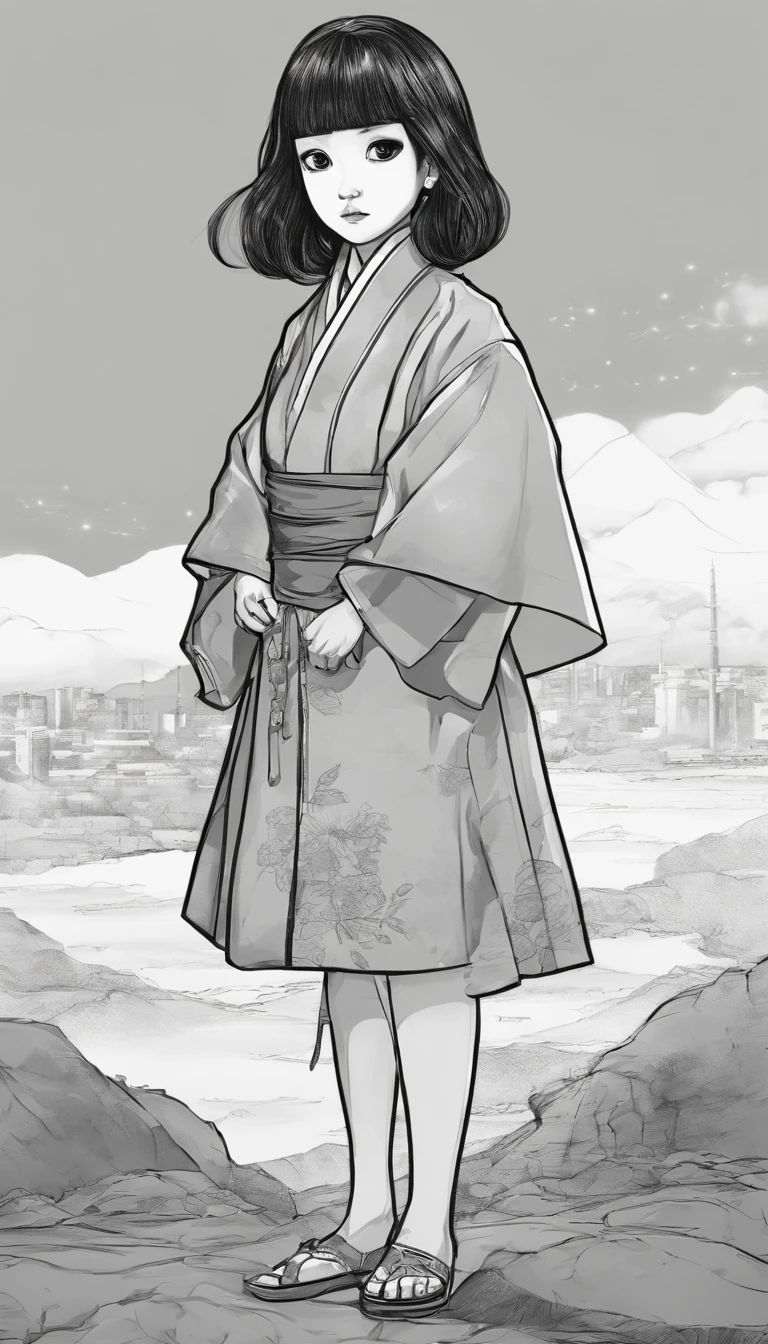 "Create a cute cartoon style drawing, A 7--old anese girl smiling slightly, Similar to Blythe dolls. She wears a kimono, The brunette is styled as Bob, Dark eyes, Cute little nose, and slender figure. The girl stood facing forward，Hang your hands at your sides, Legs straight, and feet pointing forward.full bodyesbian，Barefoot，Shoot at medium distance"