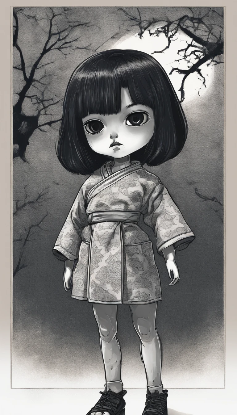 "Create a cute cartoon style drawing, A 7--old anese girl smiling slightly, Similar to Blythe dolls. She wears a kimono, The brunette is styled as Bob, Dark eyes, Cute little nose, and slender figure. The girl stood facing forward,Hang your hands at your sides, Legs straight, and feet pointing forward.full bodyesbian,Barefoot,Shoot at medium distance"