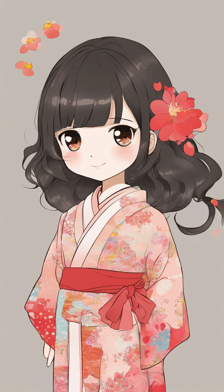 "Create a cute cartoon style drawing, A 7-year-old Japanese girl smiling slightly, Similar to Blythe dolls. She wears a kimono, The brunette is styled as Bob, Dark eyes, Cute little nose, and slender figure. The girl stood facing forward，Hang your hands at your sides, Legs straight, and feet pointing forward.full bodyesbian，Barefoot，Shoot at medium distance"