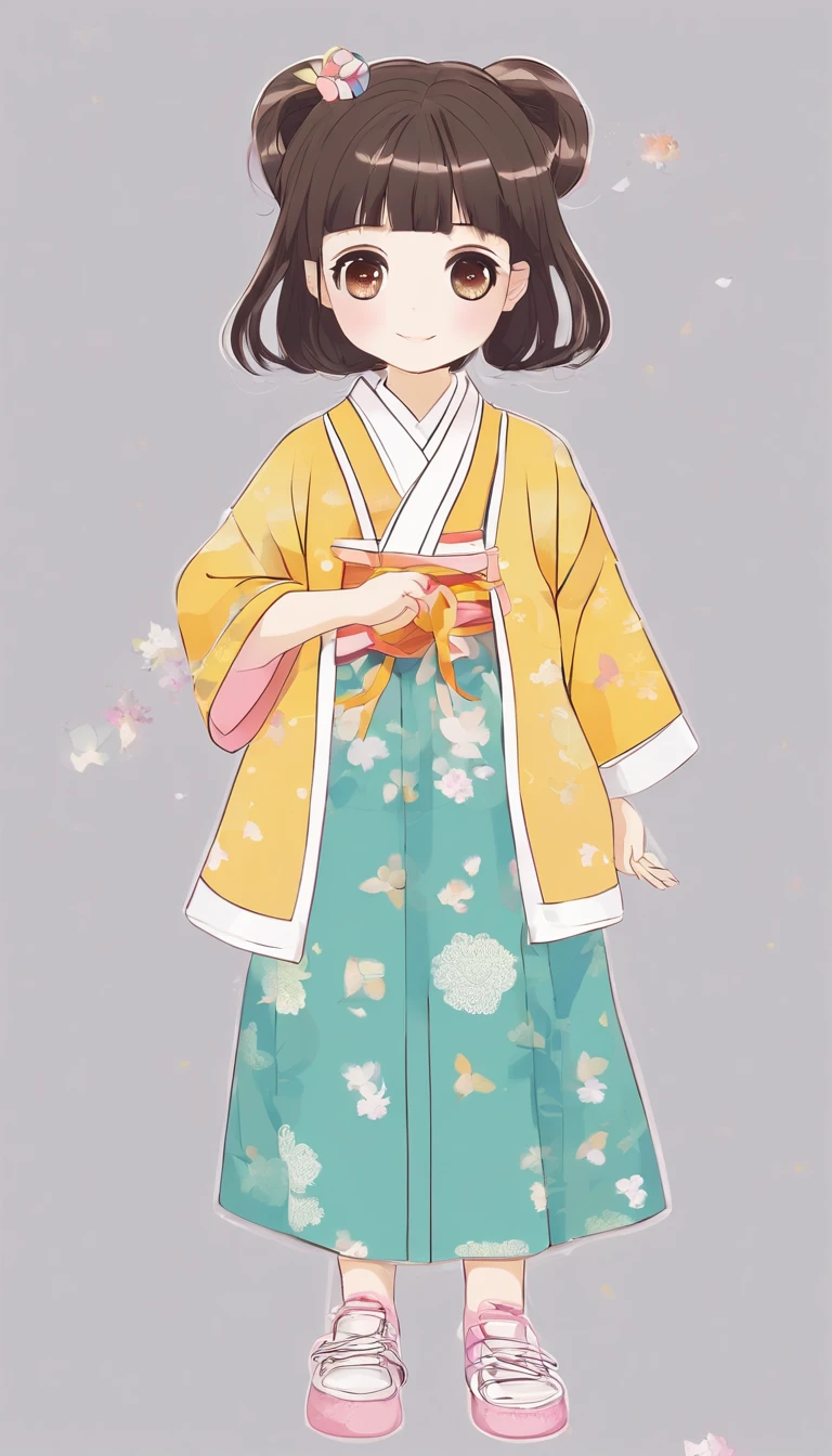 "Create a cute cartoon style drawing, A 7--old anese girl smiling slightly, Similar to Blythe dolls. She wears a kimono, The brunette is styled as Bob, Dark eyes, Cute little nose, and slender figure. The girl stood facing forward,Hang your hands at your sides, Legs straight, and feet pointing forward.full bodyesbian,Barefoot,Shoot at medium distance"
