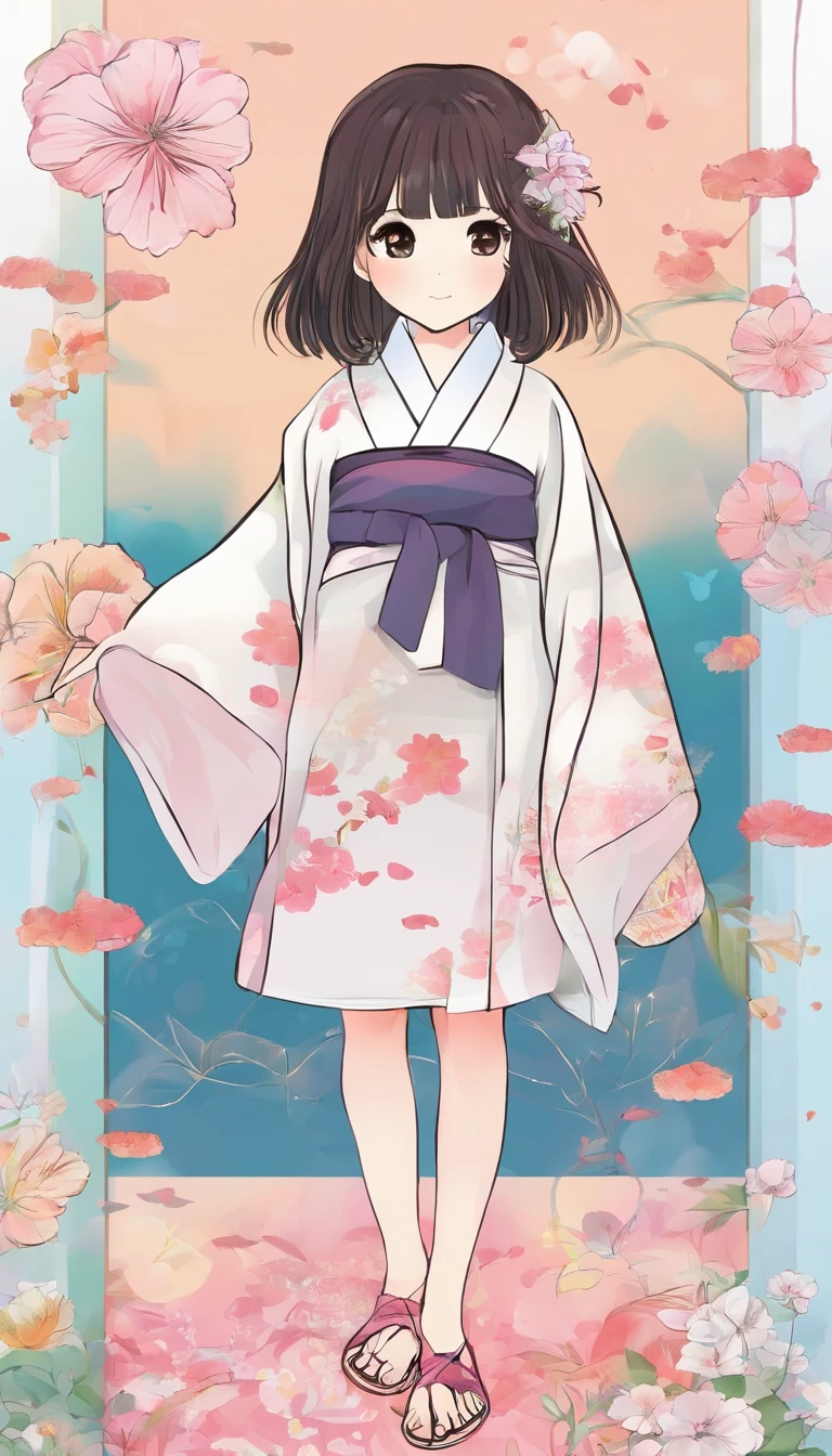 "Create a cute cartoon style drawing, A 7-year-old Japanese girl smiling slightly, Similar to Blythe dolls. She wears a kimono, The brunette is styled as Bob, Dark eyes, Cute little nose, and slender figure. The girl stood facing forward,Hang your hands at your sides, Legs straight, and feet pointing forward.full bodyesbian,Barefoot,Shoot at medium distance"