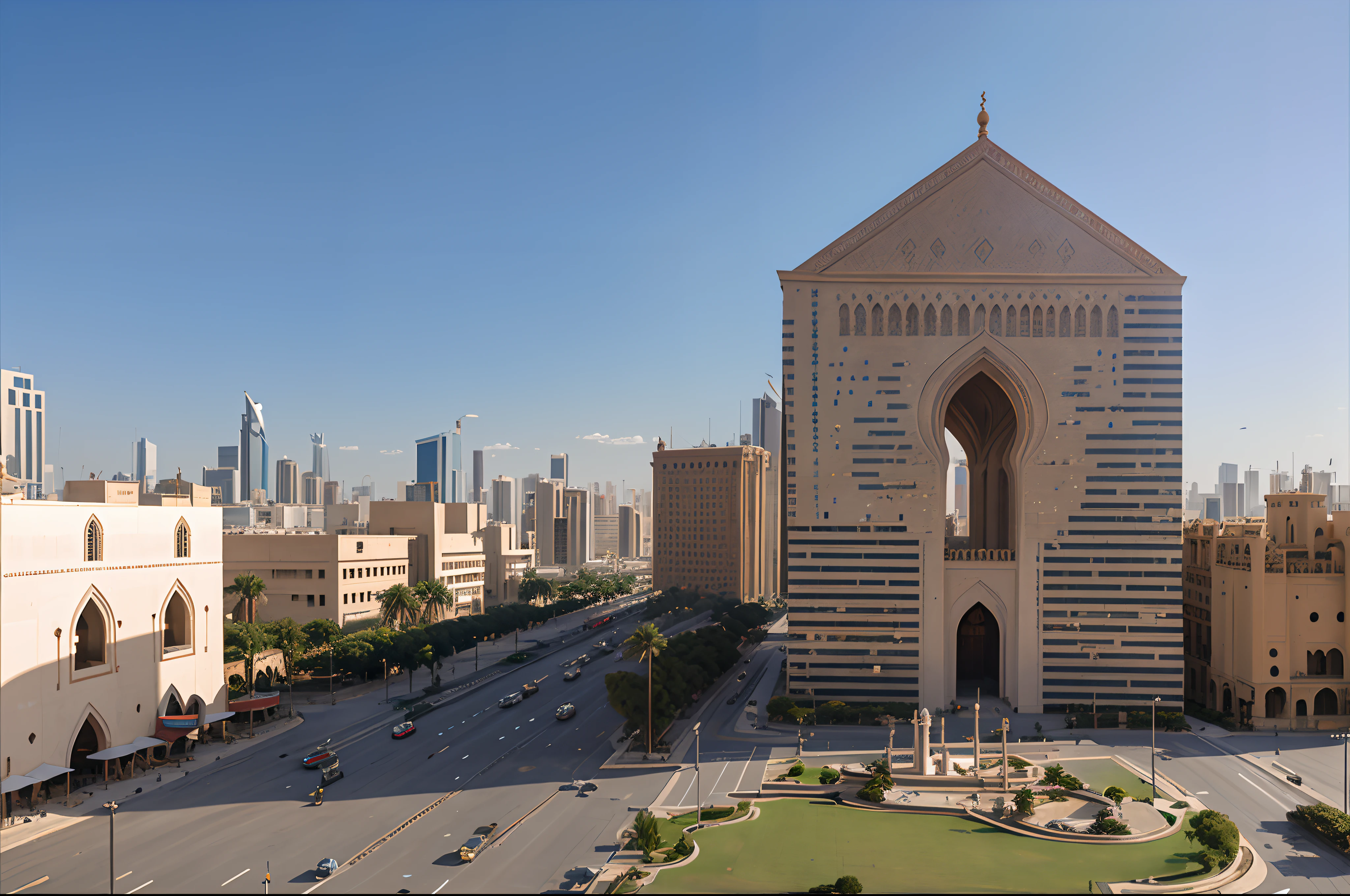 a very high detailed realistic photo of Abu Dhabi, a mosquee with a minaret is visible on the right, skyscrapers on the left, hyperrealsitic