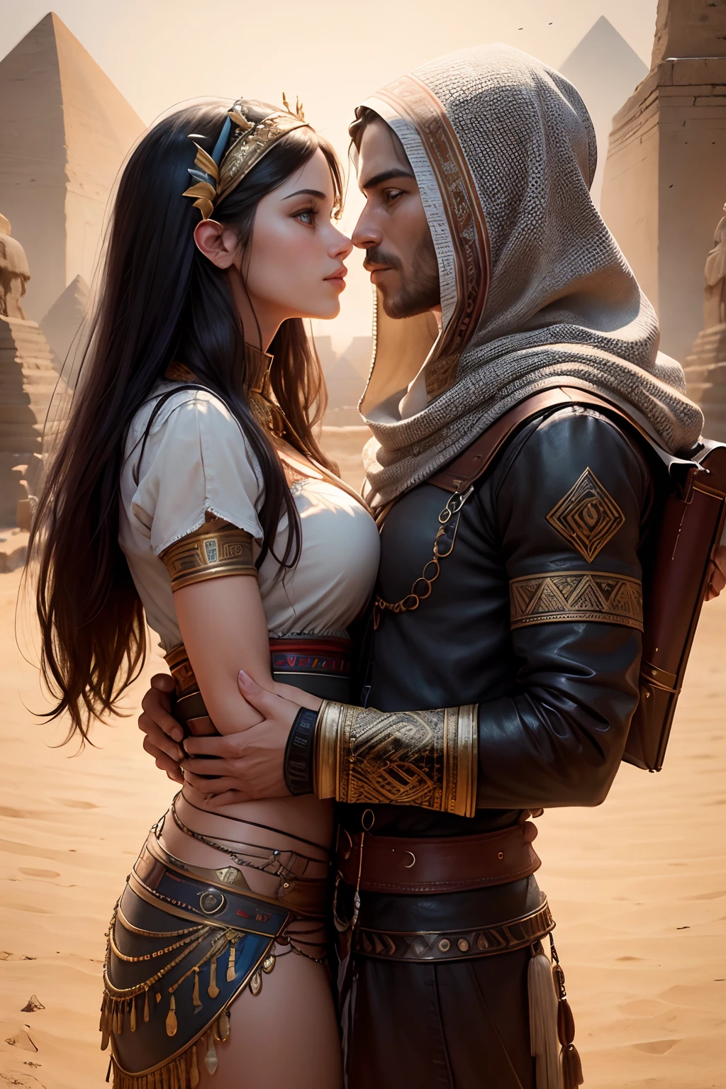 Extremely realistic,coverbook a bohemian man and woman kiss each other lovingly and carry a large old book from ancient times. Behind them are clearly visible three Egyptian pyramids with inscriptions and symbols, a symbol of history, a symbol of art, a symbol of culture, a symbol of love and sex, and a symbol of religions, with high details, a very realistic image, report. Human Development, Sharp, Highly detailed real eyes and real lips, Hyper max, Textures, Crazy highly detailed details, Detailed and complex portrait, Tribal detail rendering, 8K, Realistic.High Definition, 4K, HD, Real faces, Cinematography The image must have an aspect ratio of 1:1.6, and measure at least 2,500 pixels on the longest side.
