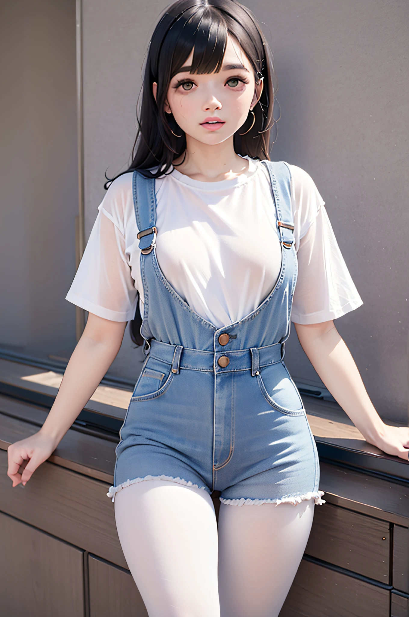 Photo of Pho3B3Cat3S, Beautiful woman, ((24 years old)), street, tee shirt, jeans overalls, 1980s, Retro, Long wavy brunette with ponytail, (Masterpiece), (Extremely detailed Cg Unity 8K wallpaper), Intricate, ((Photorealistic)),Perfect lighting, Solo, shiny long black hair、a cute young woman,stocklings，lacepantyhose