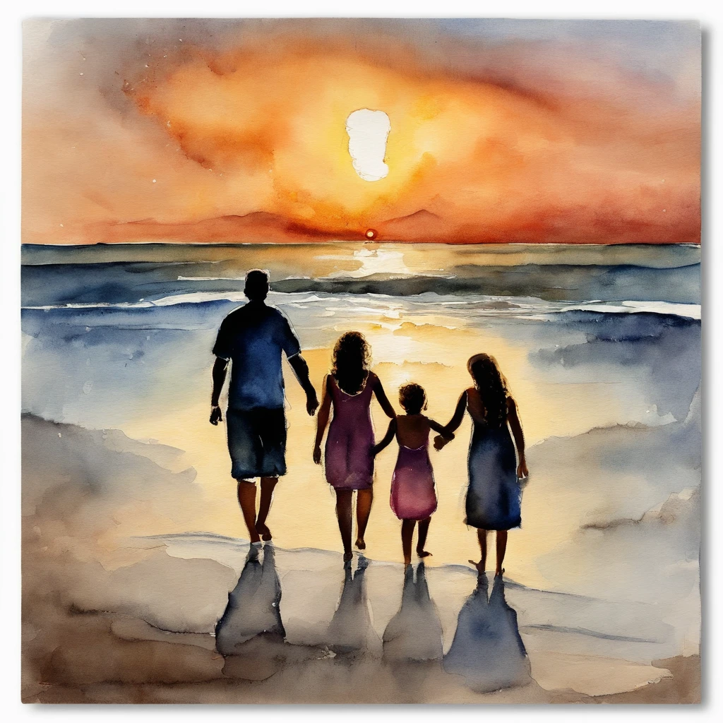 A family of three walking along the beach, setting sun, Praia Dourada, Three people holding hands, menina pequena, 5 anos.