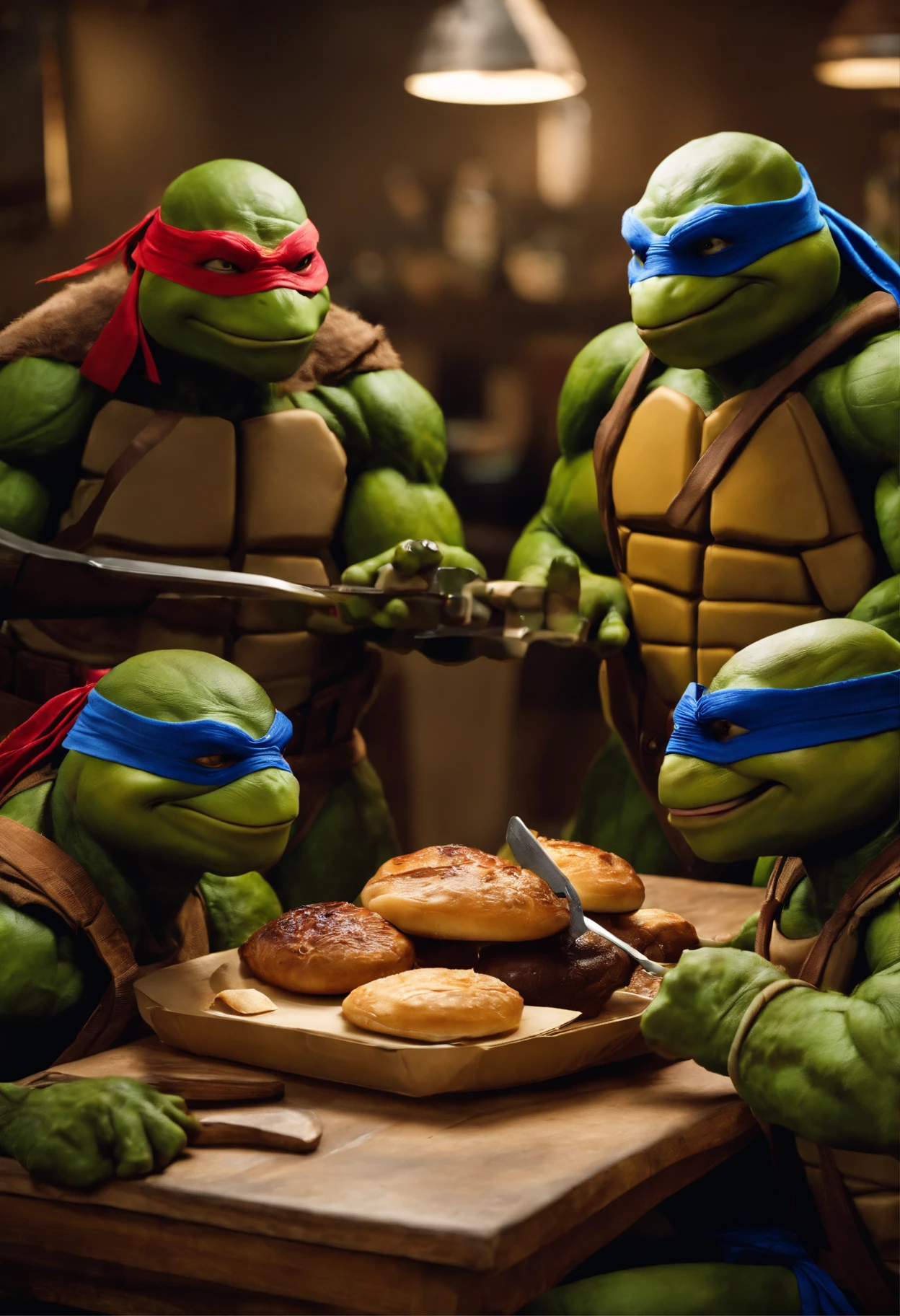 Four people play as age Mutant Ninja Turtles,Sit around the table and eat buns,Look at the camera