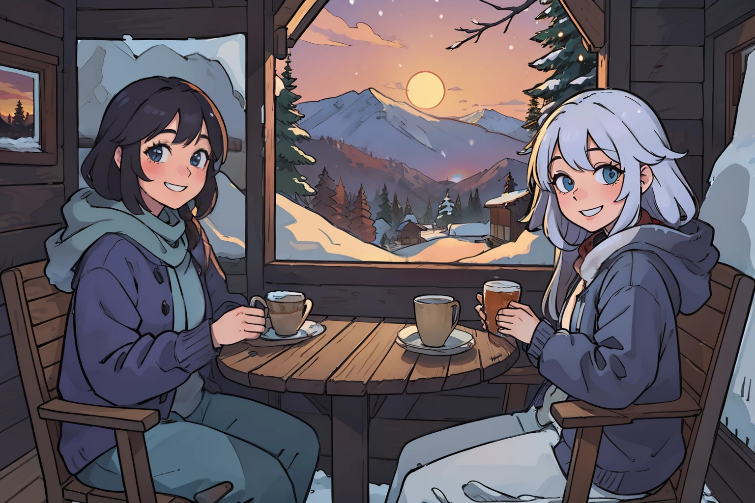 Cool couple just chilling sitting in the porch of a wood cabin in a snowy mountain, colourful winter clothing, smiling, sunset, bushes and trees with snow, highly detailed. Photorealistic.