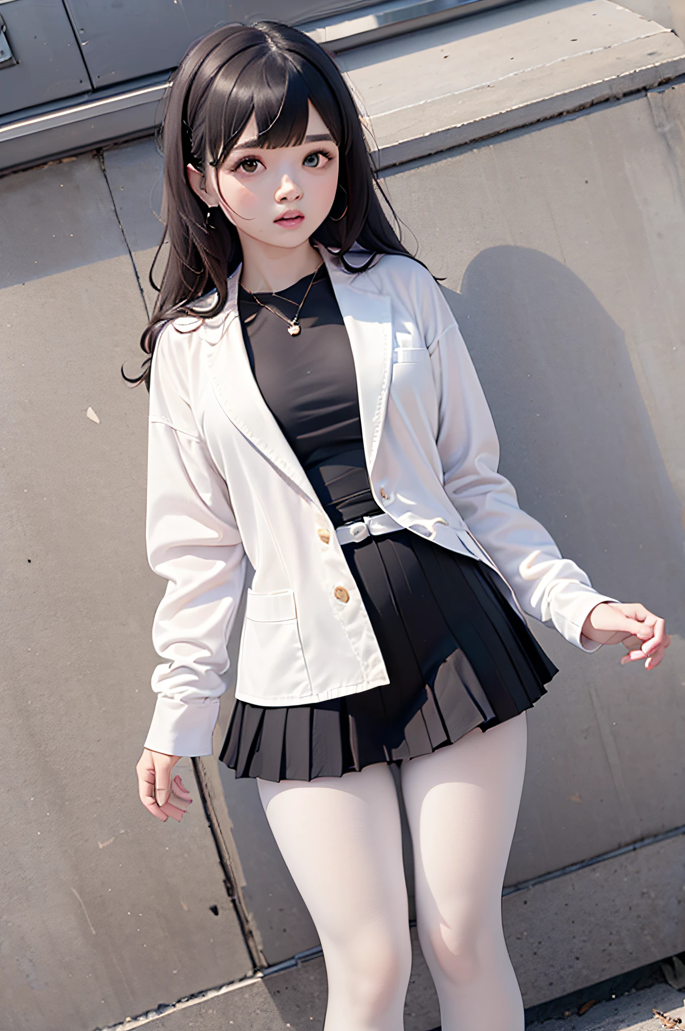Photo of Pho3B3Cat3S, Beautiful woman, ((24 years old)), street, short skirt, 1980s, Retro, Long wavy brunette with ponytail, (Masterpiece), (Extremely detailed Cg Unity 8K wallpaper), Intricate, ((Photorealistic)),Perfect lighting, Solo, shiny long black hair、a cute young woman,stocklings,lacepantyhose