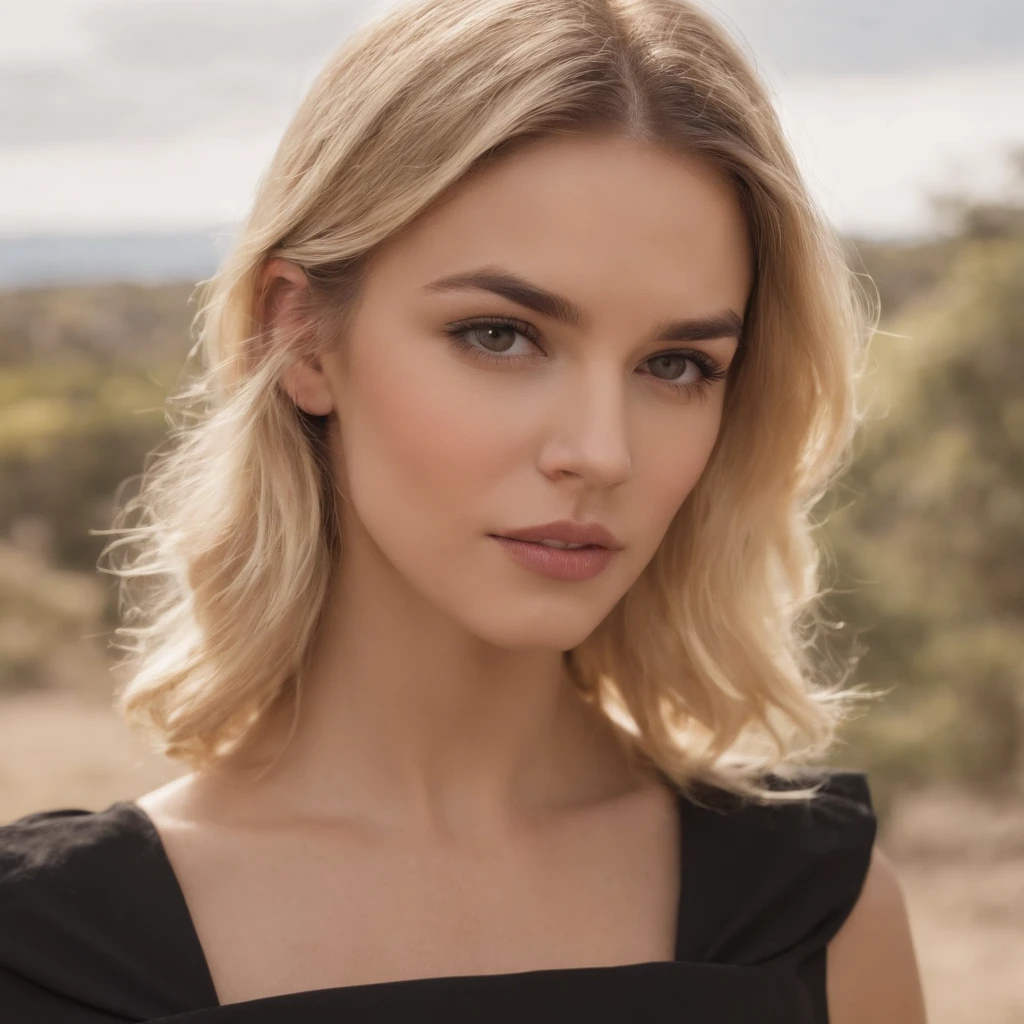 De cerca la joven rubia moderna, melbourne Australia, movie, en una oficina elegante, Siglo 21, barra, Vestir, Pelo corto pixie, flaccid hair, cabello desordenado,  Kinematic, foto real,, retroiluminado, Panavision, Profundidad de campo, vestido largo negroi