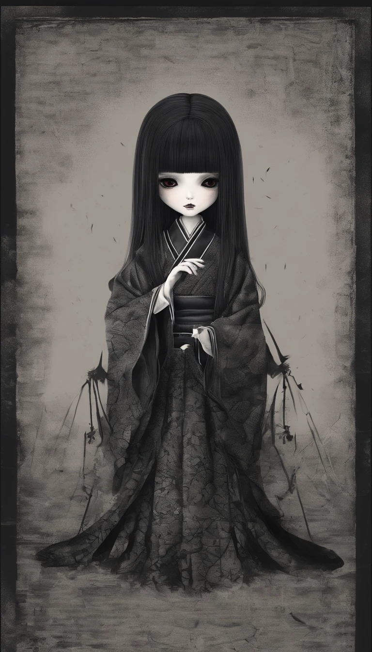 "Create a cute cartoon style drawing, A 7-year-old Japanese girl smiling slightly, Similar to Blythe dolls. She wears a kimono, The brunette is styled as Bob, Dark eyes, Cute little nose, and slender figure. The girl stood facing forward，Hang your hands at your sides, Legs straight, and feet pointing forward.full bodyesbian，Barefoot，Shoot at medium distance"