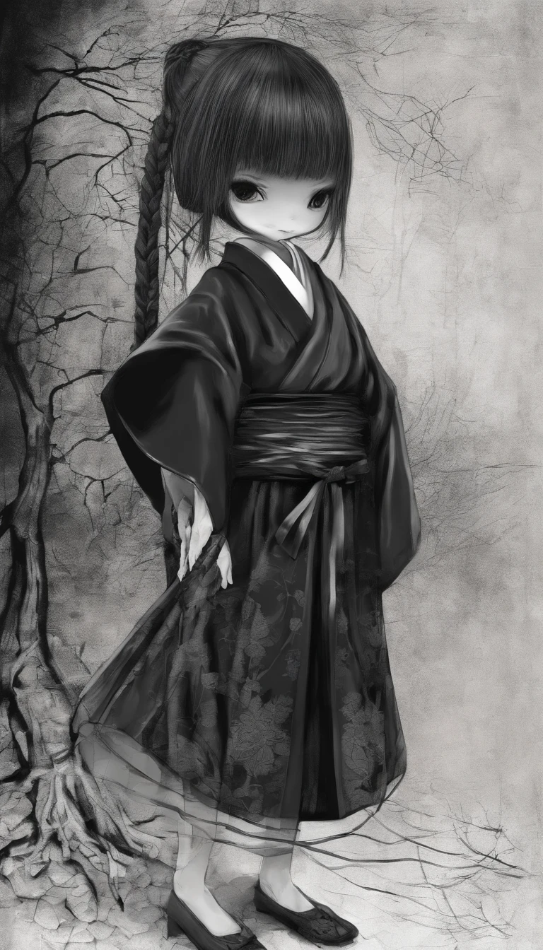 "Create a cute cartoon style drawing, A 7-year-old Japanese girl smiling slightly, Similar to Blythe dolls. She wears a kimono, The brunette is styled as Bob, Dark eyes, Cute little nose, and slender figure. The girl stood facing forward,Hang your hands at your sides, Legs straight, and feet pointing forward.full bodyesbian,Barefoot,Shoot at medium distance"