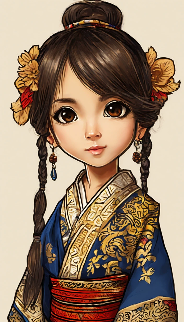 "Create a cute cartoon style drawing, A 7--old anese girl smiling slightly, Similar to Blythe dolls. She wears a kimono, The brunette is styled as Bob, Dark eyes, Cute little nose, and slender figure. The girl stood facing forward,Hang your hands at your sides, Legs straight, and feet pointing forward.full bodyesbian,Barefoot,Shoot at medium distance"